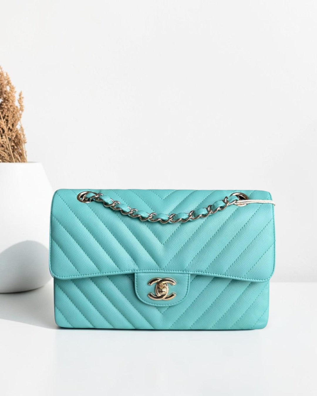 Chanel Classic Flap Small - Caviar 23CM Chevron Light Blue Tiffiny Blue Gold Hardware Series 27