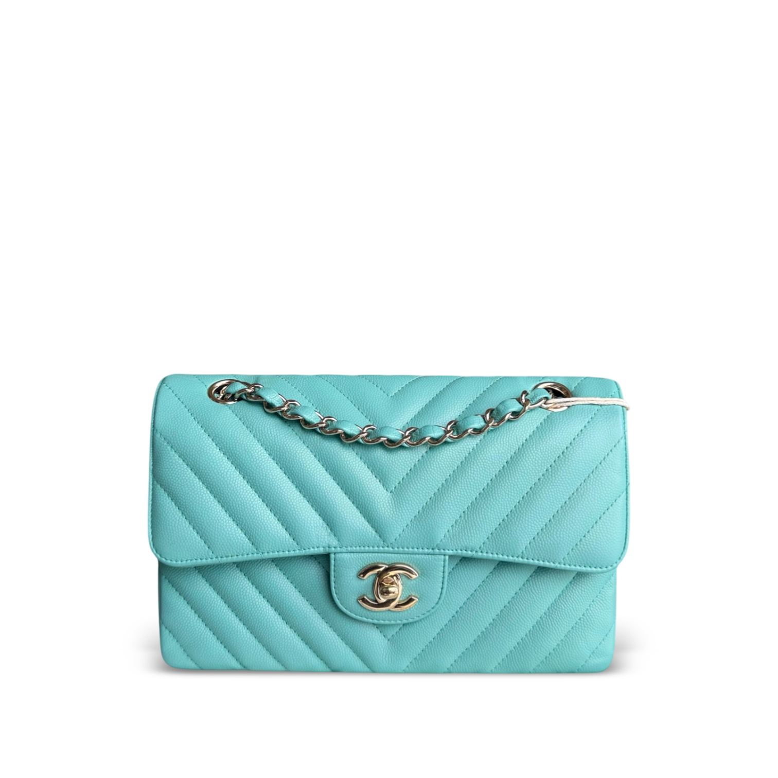 Chanel Classic Flap Small - Caviar 23CM Chevron Light Blue Tiffiny Blue Gold Hardware Series 27