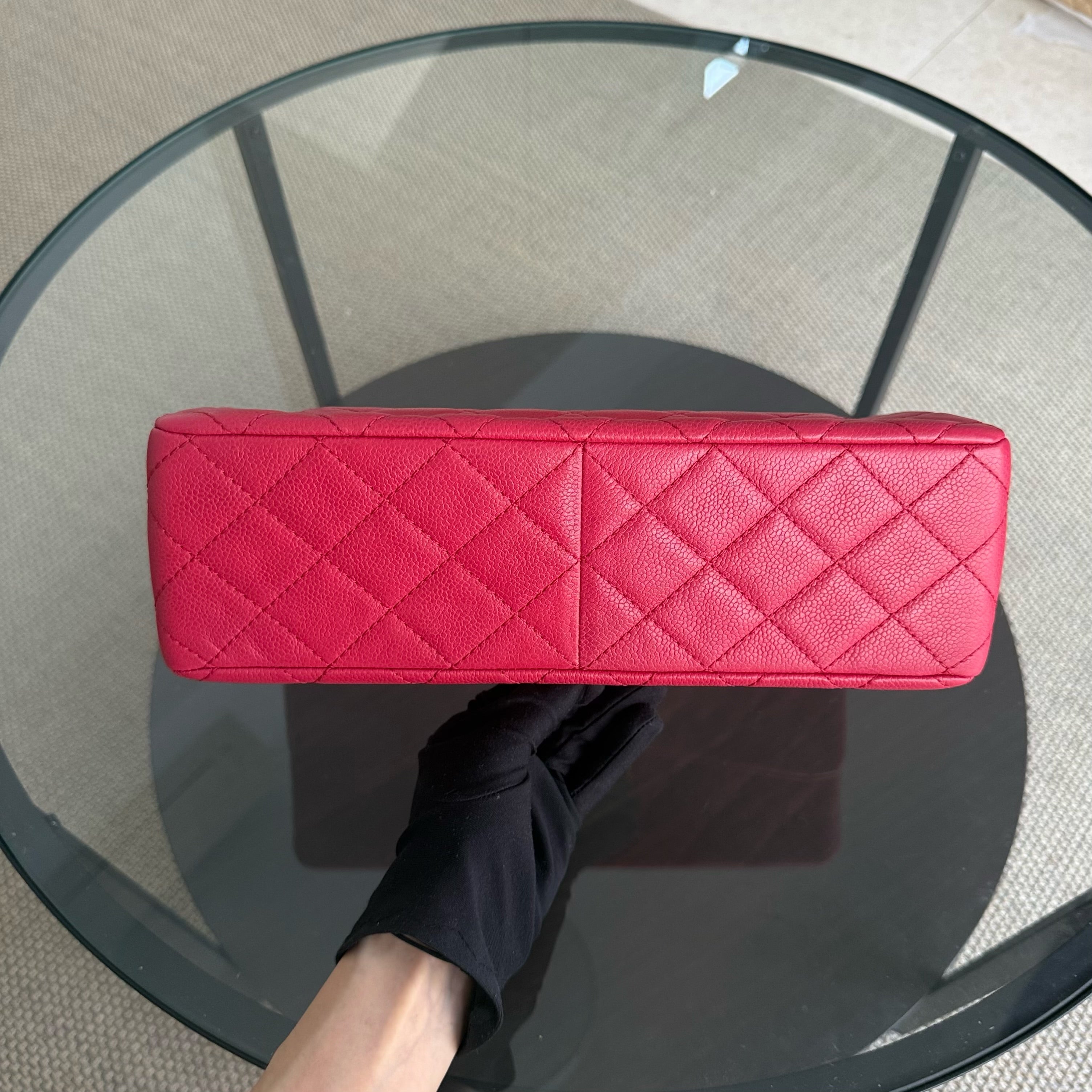 Chanel Classic Flap Jumbo - Caviar 30CM Single Flap Quilted Pink Red Silver Hardware Series 12