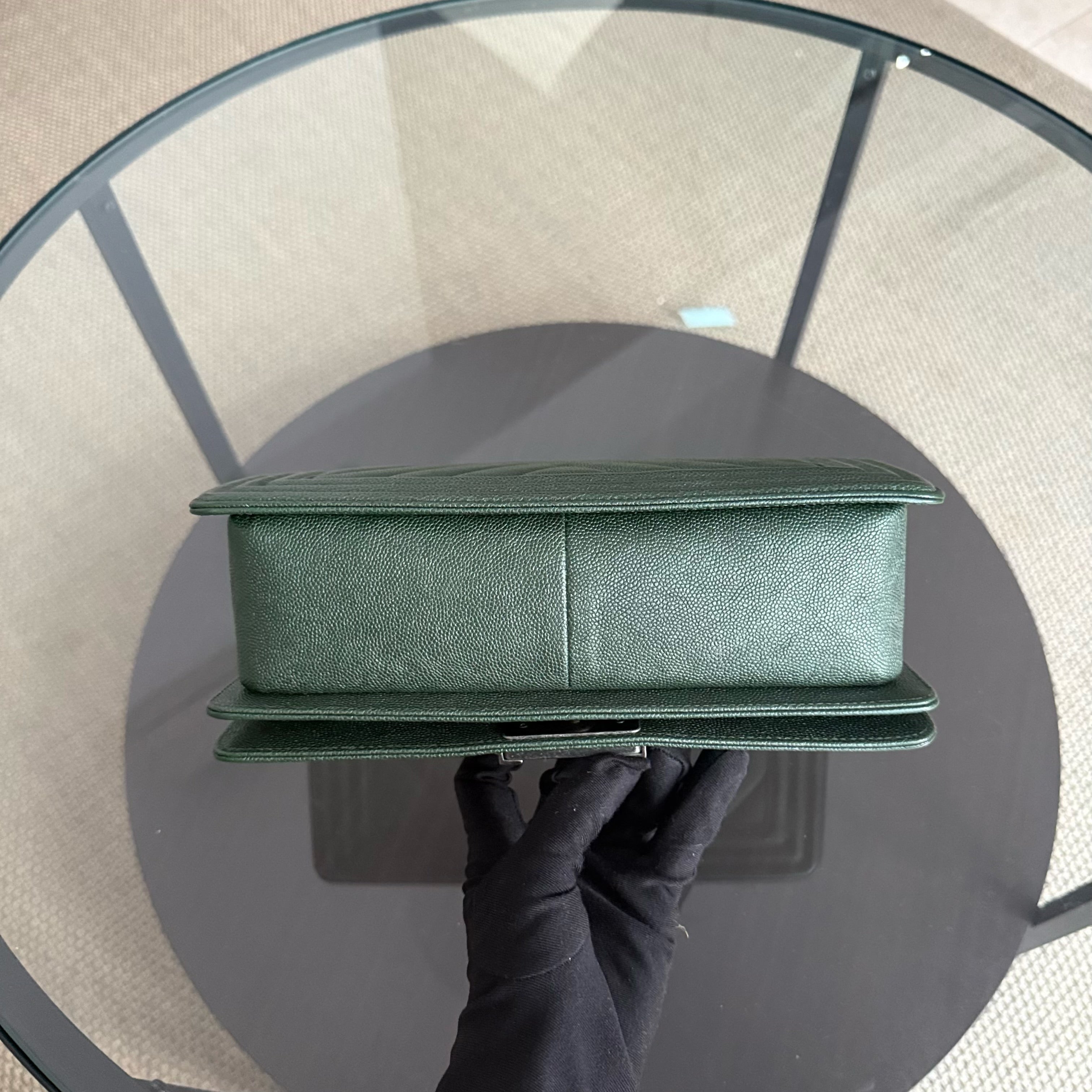 Chanel Boy Medium - Caviar 25CM Chevron Dark Green Ruthenium Silver Hardware Series 26