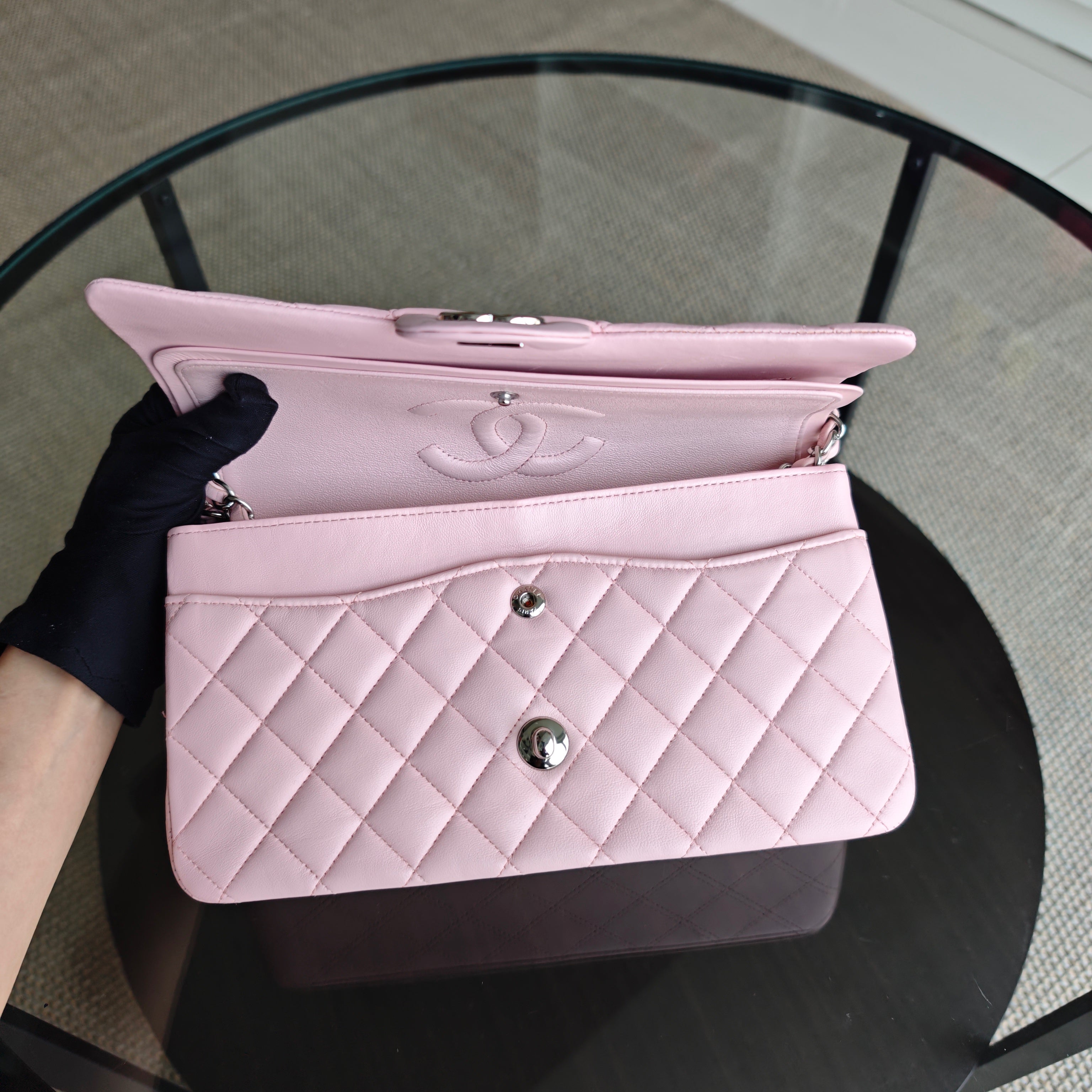 Chanel Classic Flap Medium - 25CM Quilted Lambskin Light Sakura Pink Silver Hardware Series 22