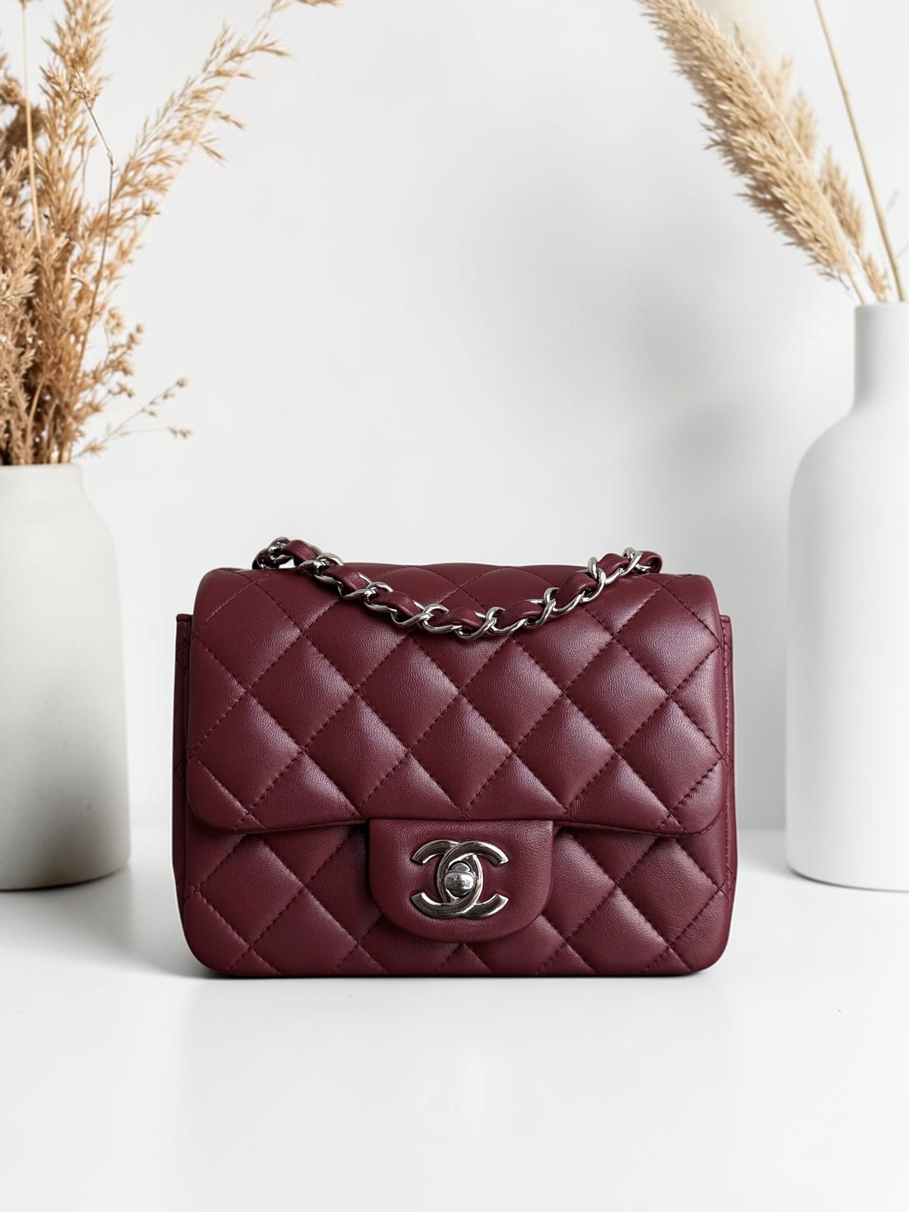 Chanel Classic Flap Mini Square - Lambskin Quilted Burgundy Silver Hardware Series 28