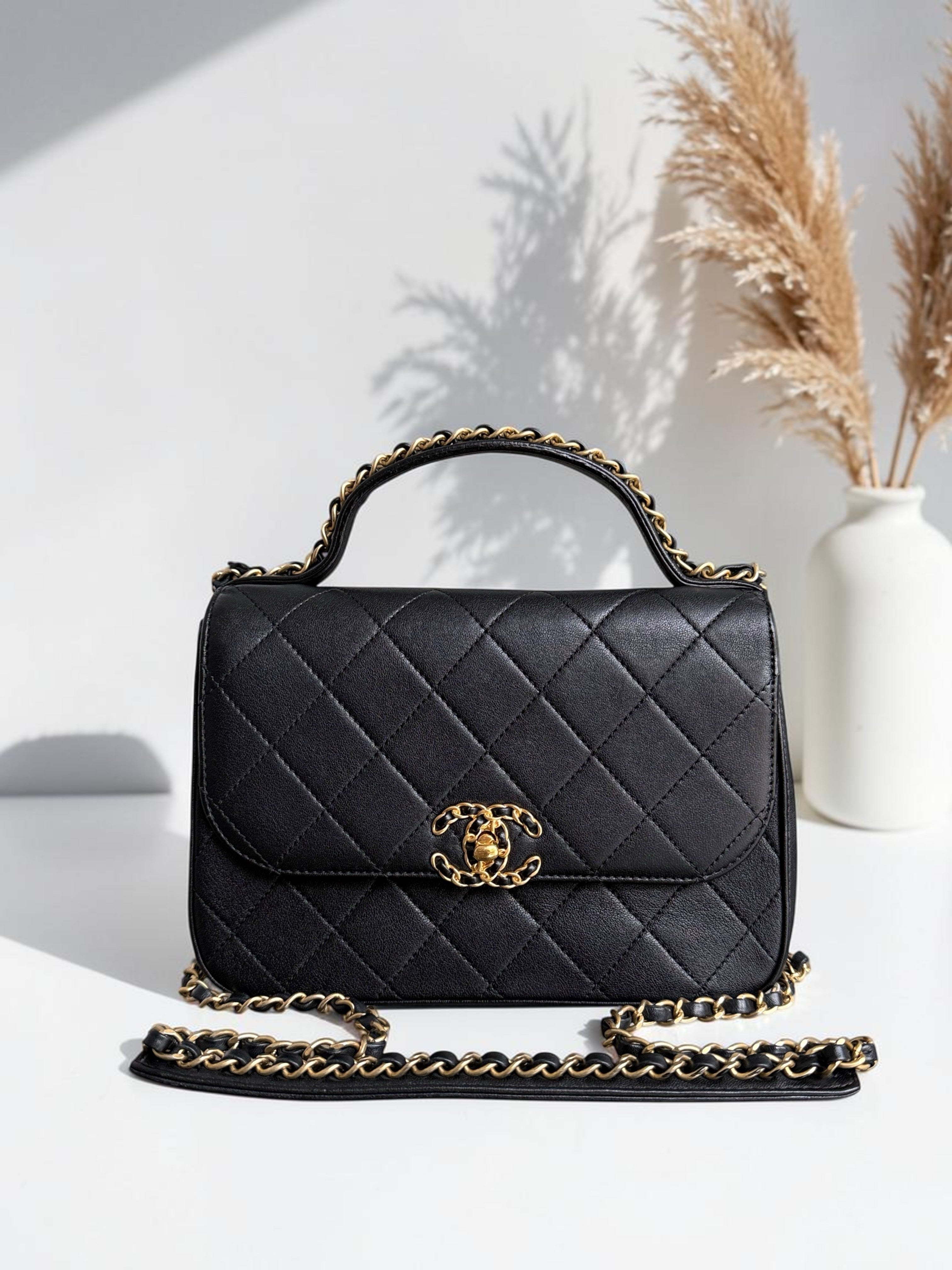 Chanel 19 Bag Flap - C19 With Top Handle Quilted Black Gold Hardware Series 28