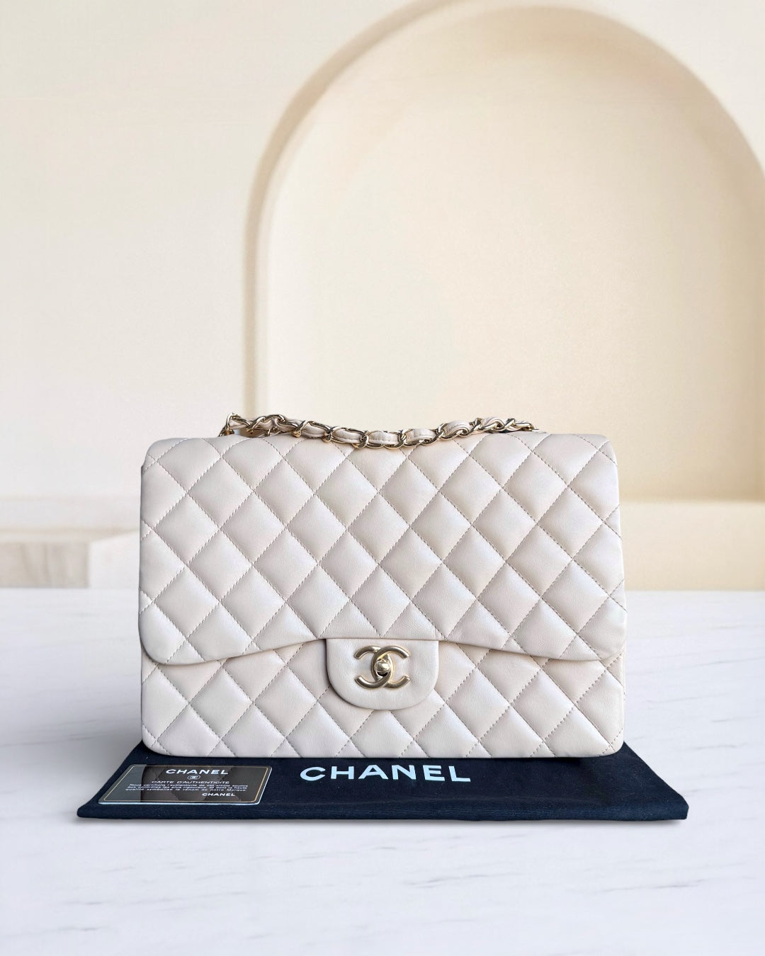 Chanel Classic Flap Jumbo - 30CM Single Flap Quilted Lambskin Beige Gold Hardware Series 13