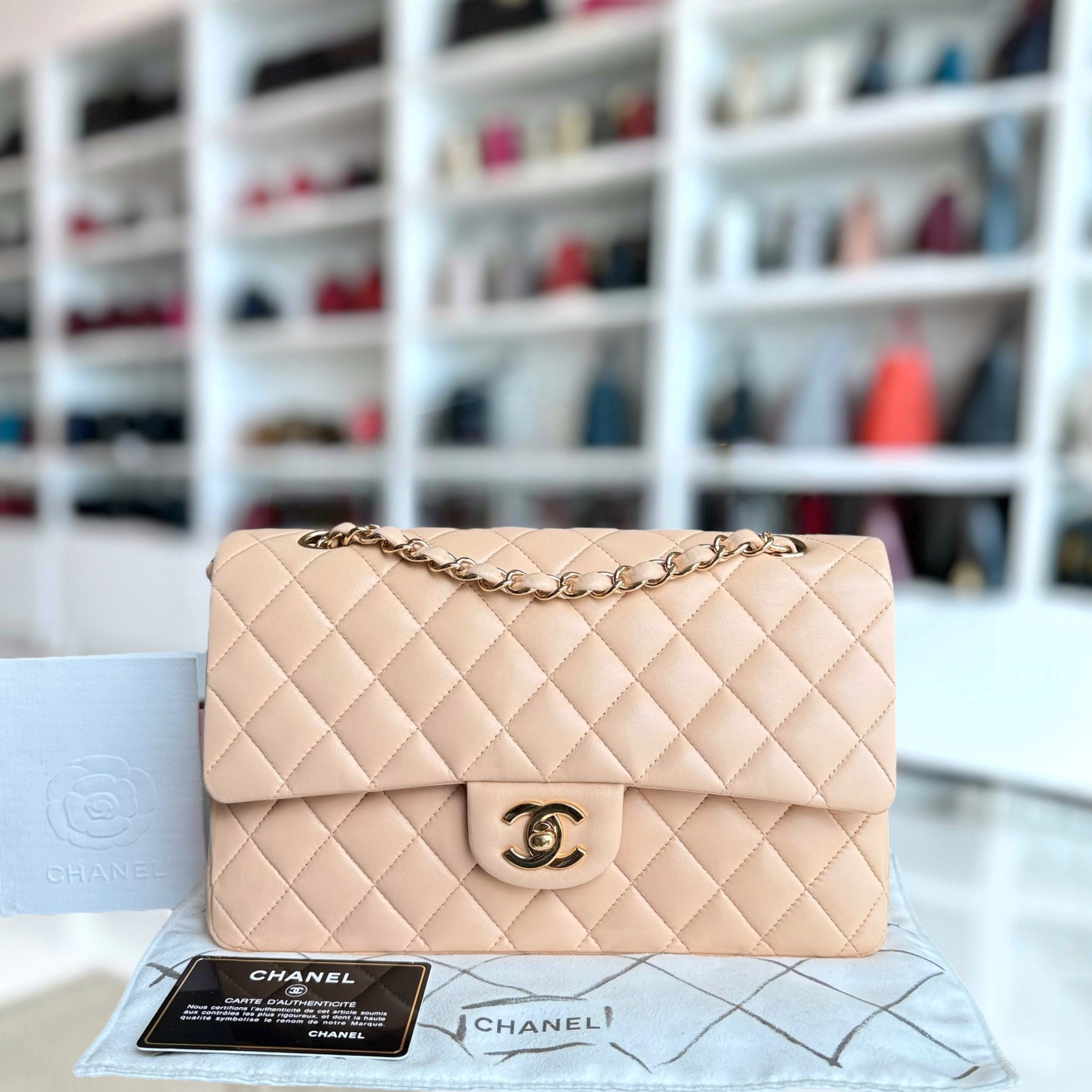 Chanel Classic Flap Medium - 25CM Quilted Lambskin Beige Gold Hardware Series 13