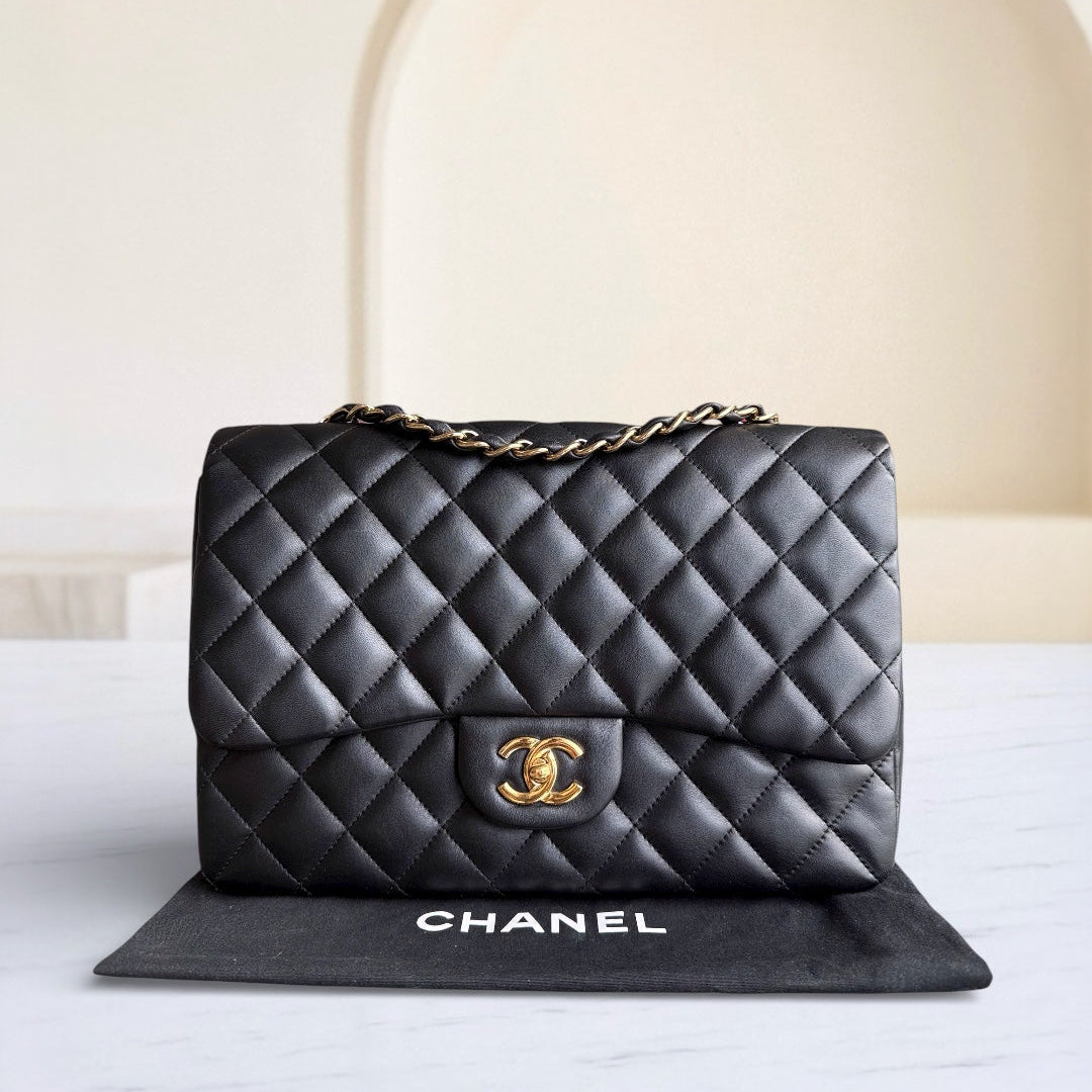 Chanel Classic Flap Jumbo - 30CM Single Flap Quilted Lambskin Black Gold Hardware Series 14