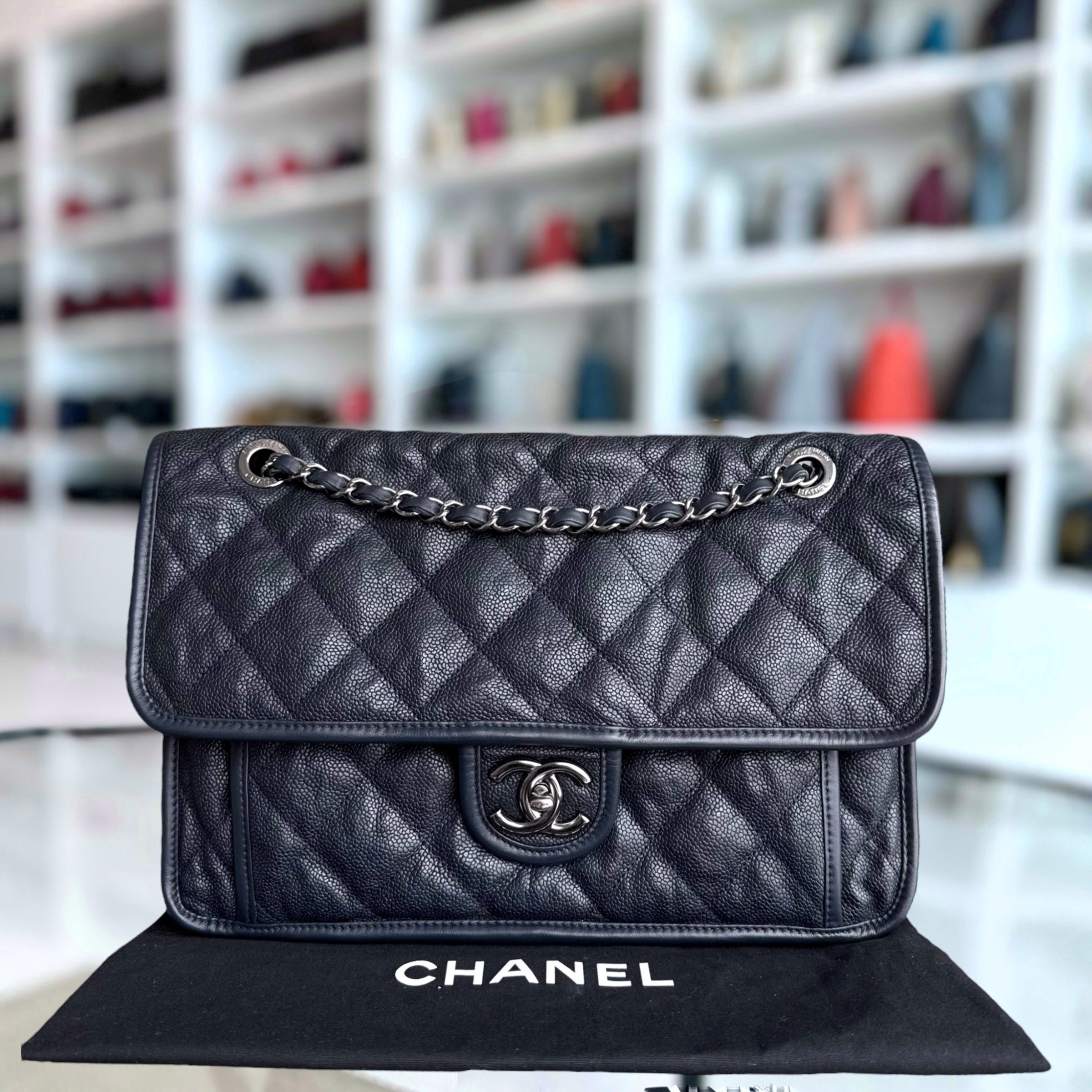 Chanel French Riviera Jumbo - Caviar 30CM Quilted Dark Navy Blue Silver Hardware Series 19