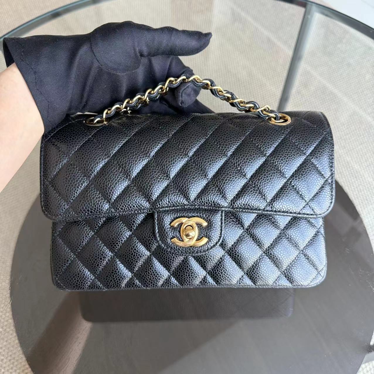 *Microchip, Full Set Receipt* Chanel Small Caviar Classic Flap Quilted Black Golden Hardware