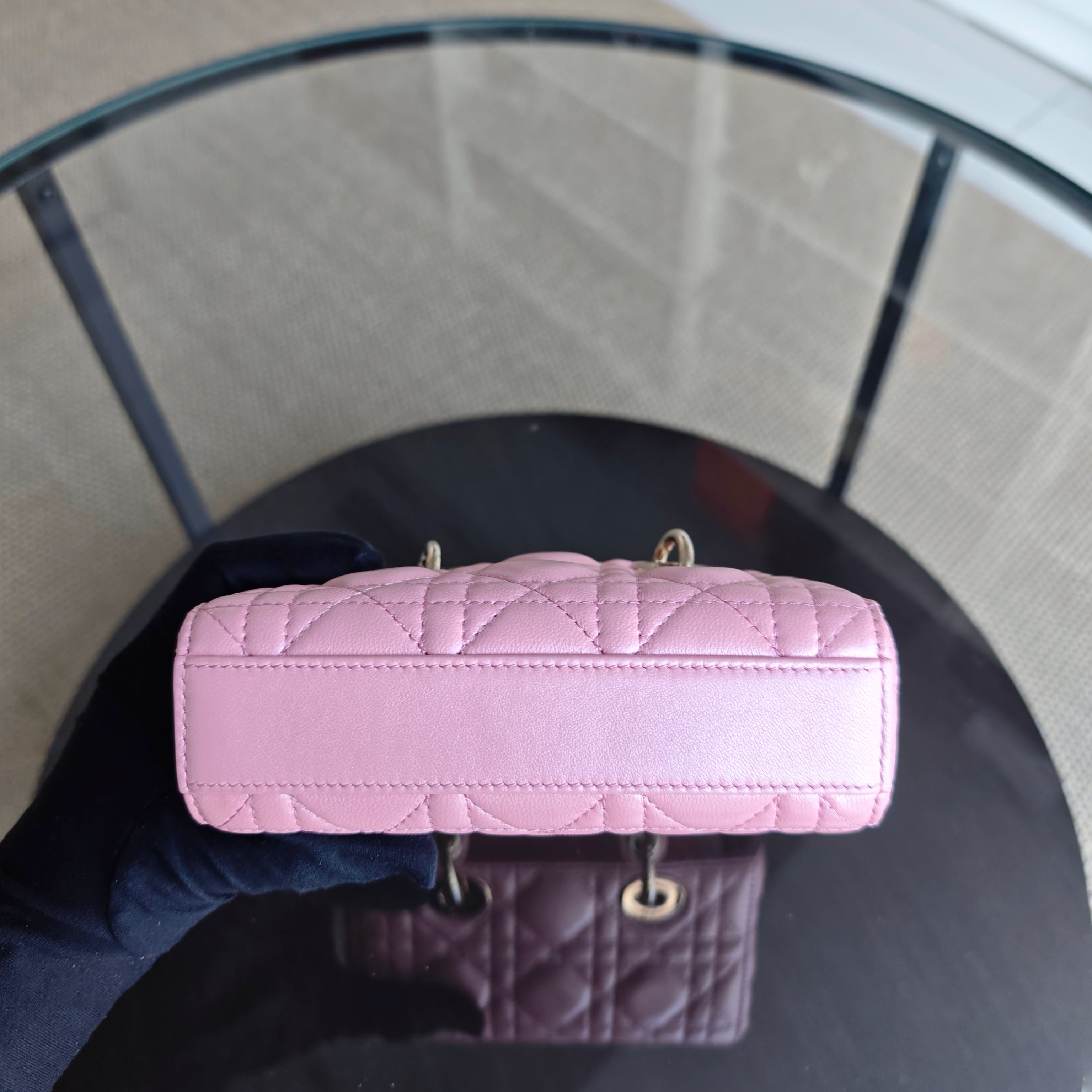 Dior D-Joy Micro - Cannage Lambskin Iridescent Pink Gold Hardware 17CM