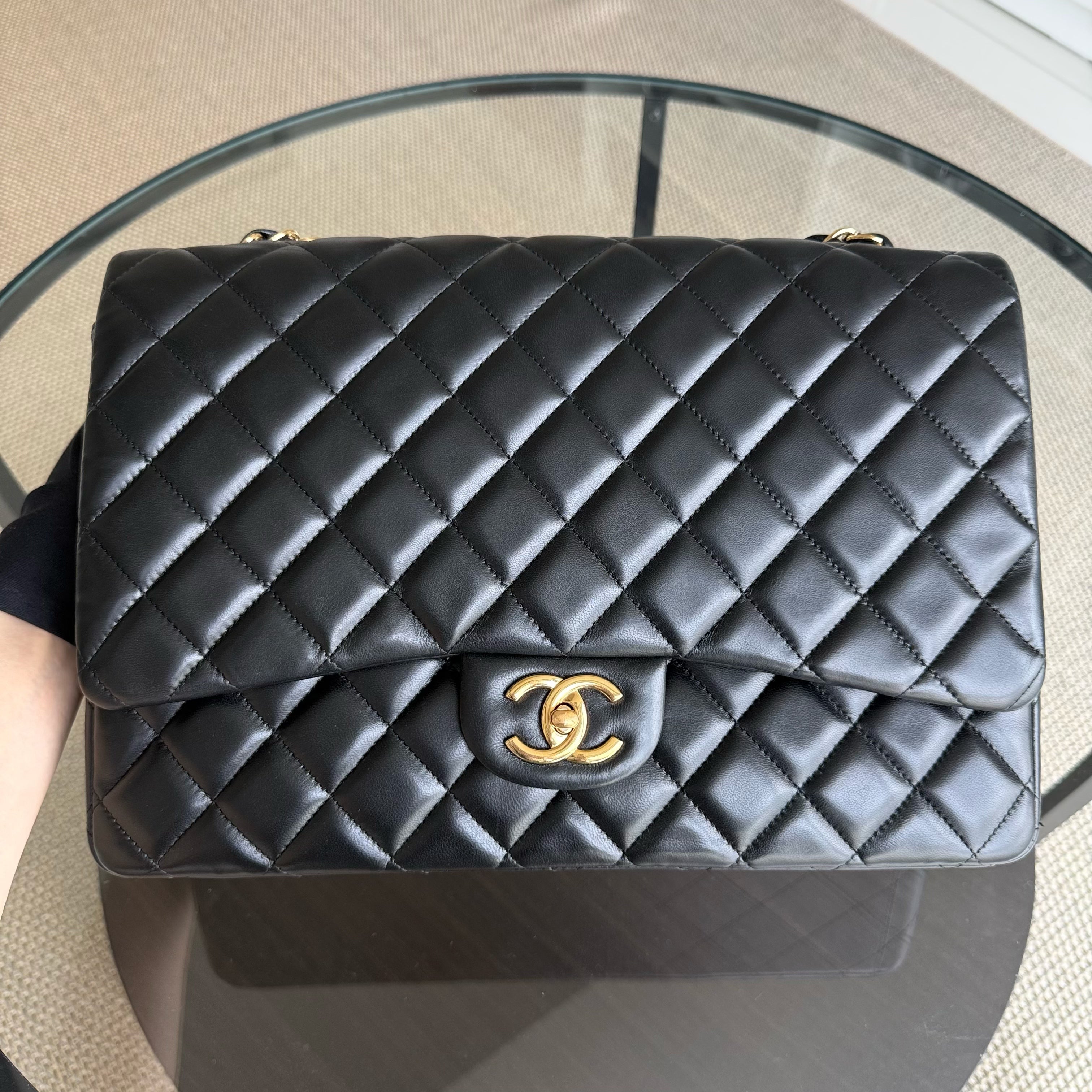 Chanel Classic Flap Maxi - 34CM Quilted Lambskin Double Flap Black Gold Hardware Series 14