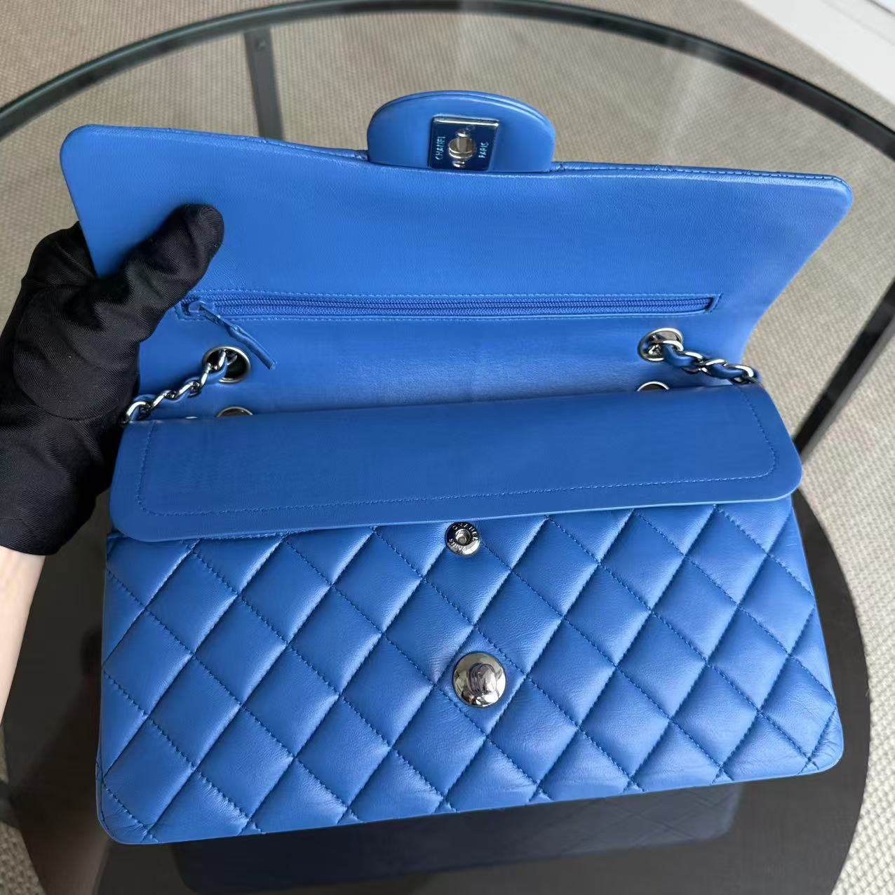 Chanel Classic Flap Medium - 25CM Quilted Lambskin Double Flap Blue Silver Hardware Series 22