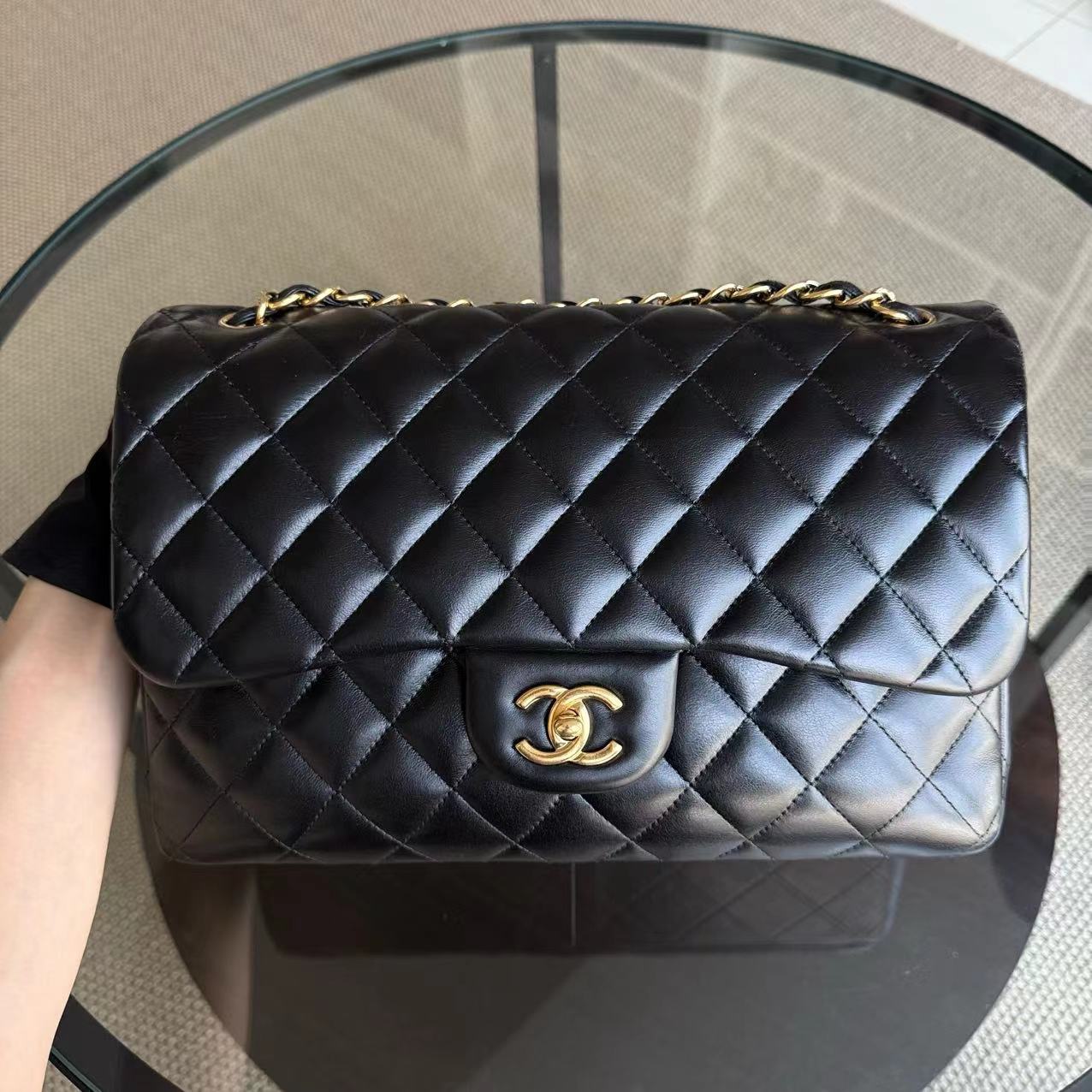 Chanel Classic Flap Jumbo - Double Flap 30CM Quilted Lambskin Black Golden Hardware Series 19