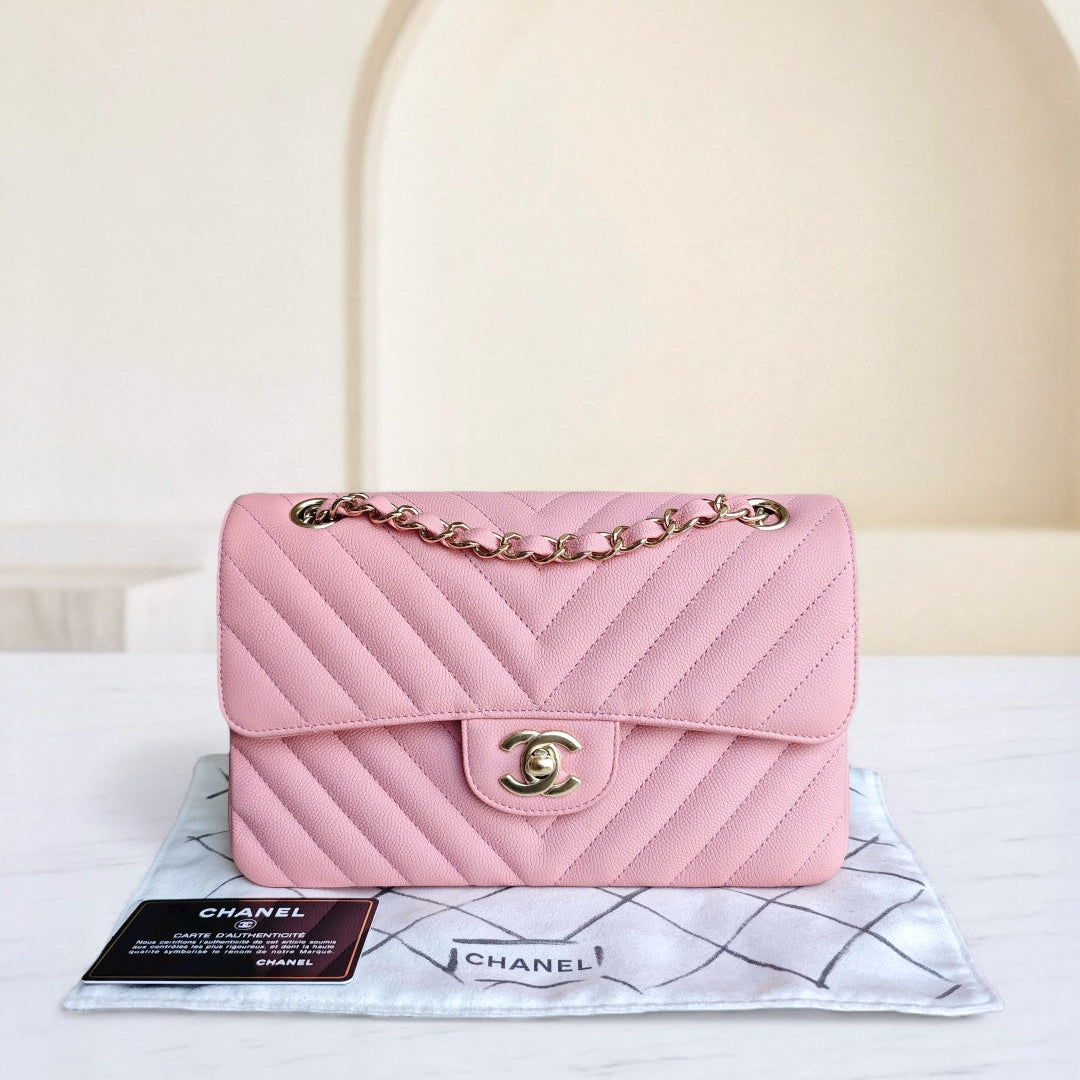 Chanel Classic Flap Small - Caviar 23CM Chevron Light Pink Gold Hardware Series 28