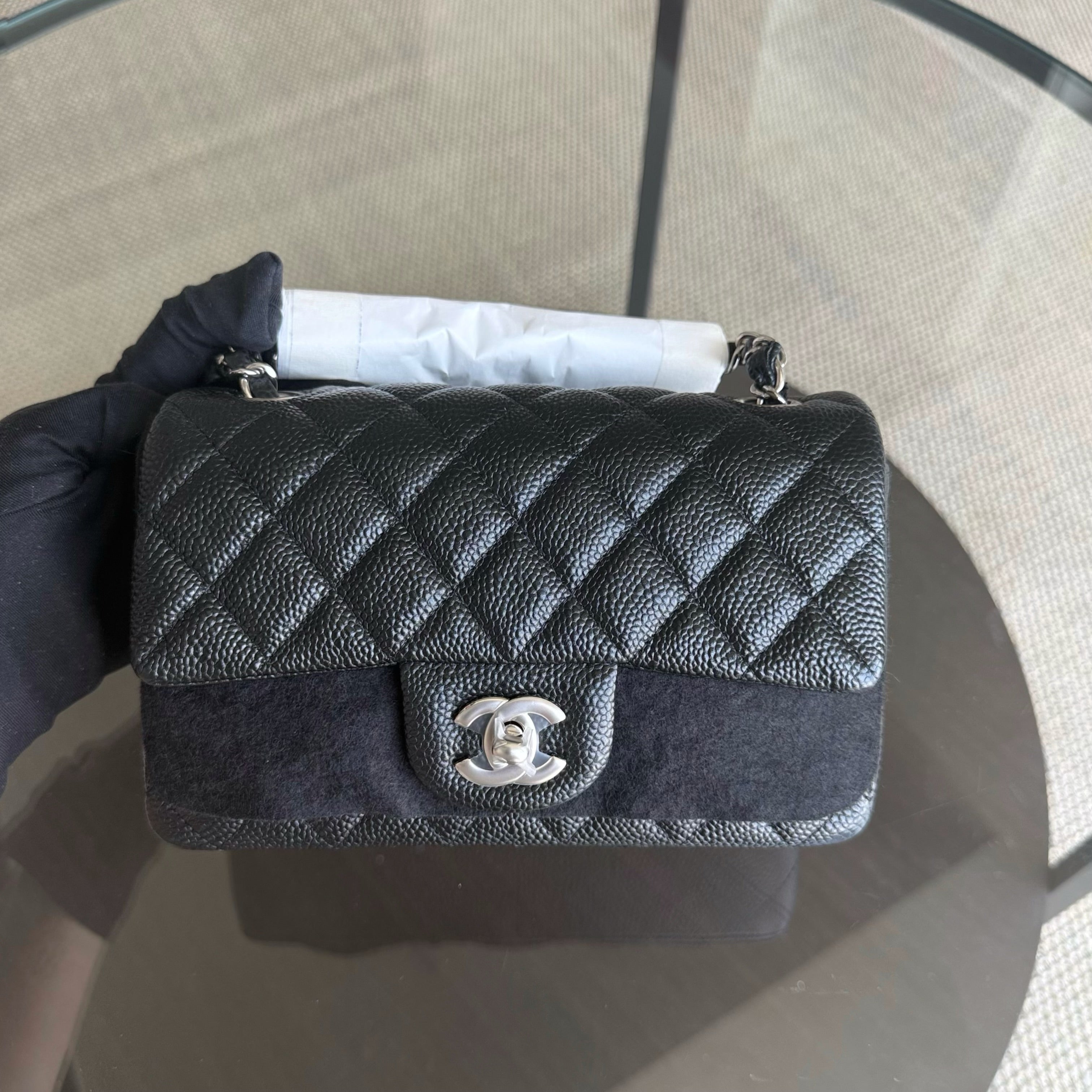 Chanel Caviar Mini Rectangle Classic Flap - 20CM Quilted Black Silver Hardware Series 20