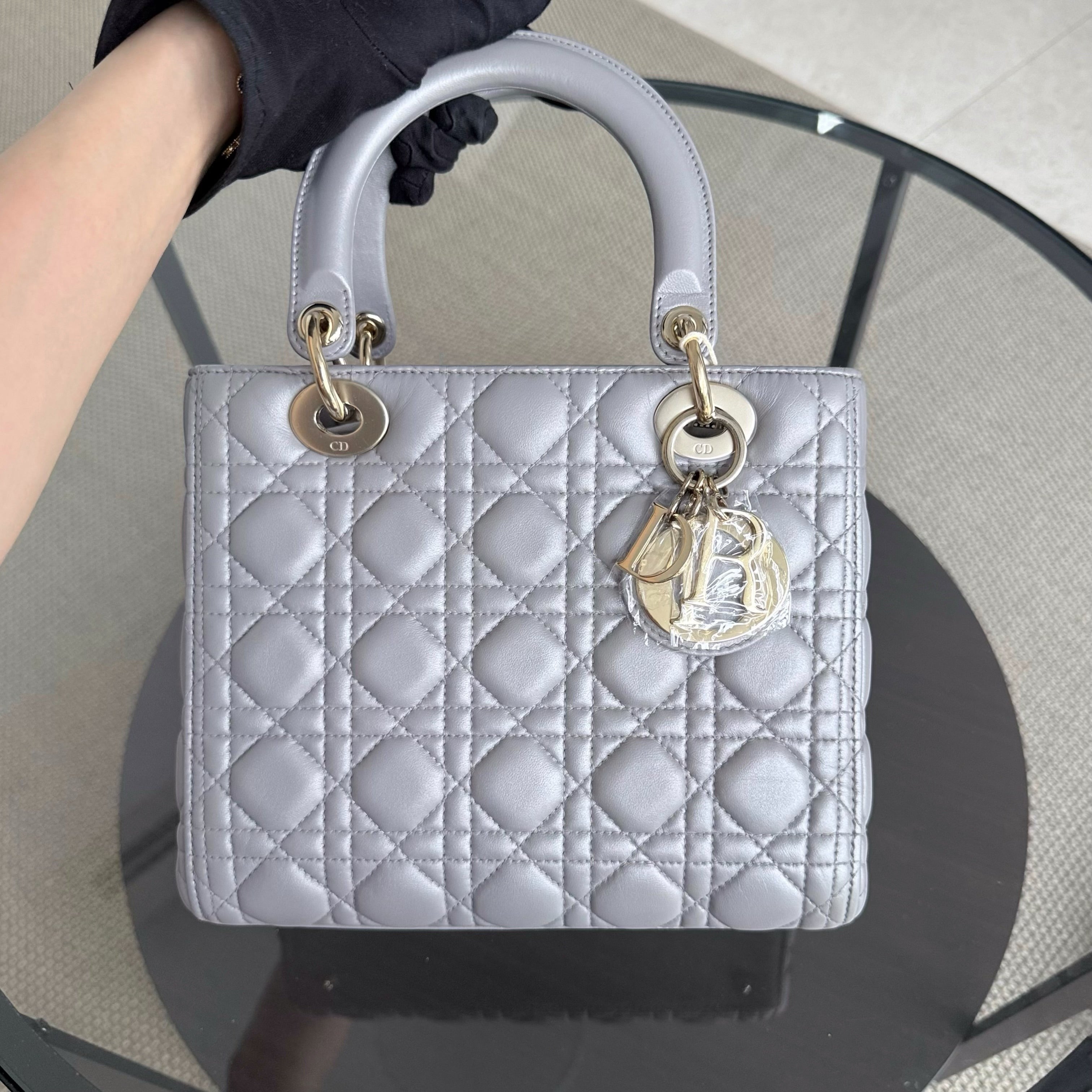 Dior Lady Medium - Cannage Lambskin Gray Grey Gold Hardware Adjustable Strap