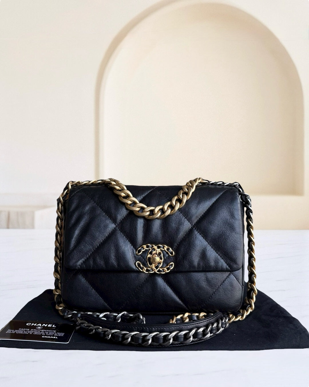 Chanel 19 Bag Small C19 - Quilted Goatskin Black Gold Two-tone Hardware Series 30