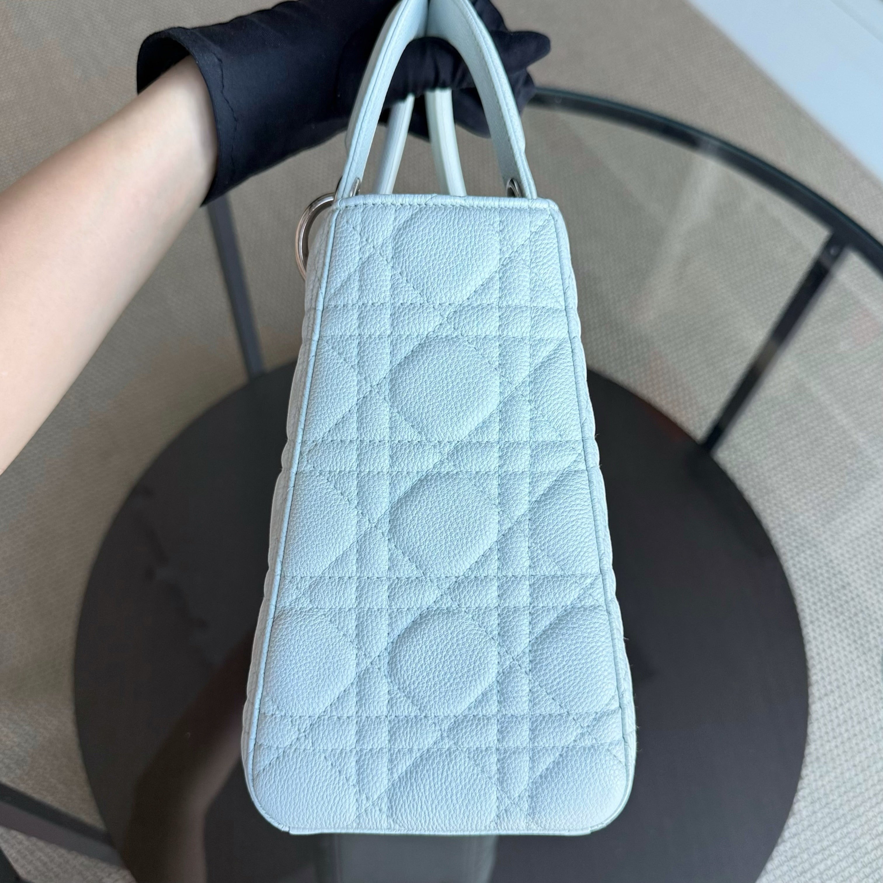 Dior Lady Medium Caviar - Grained Calfskin Cannage Glacier White Ice Blue Silver Hardware