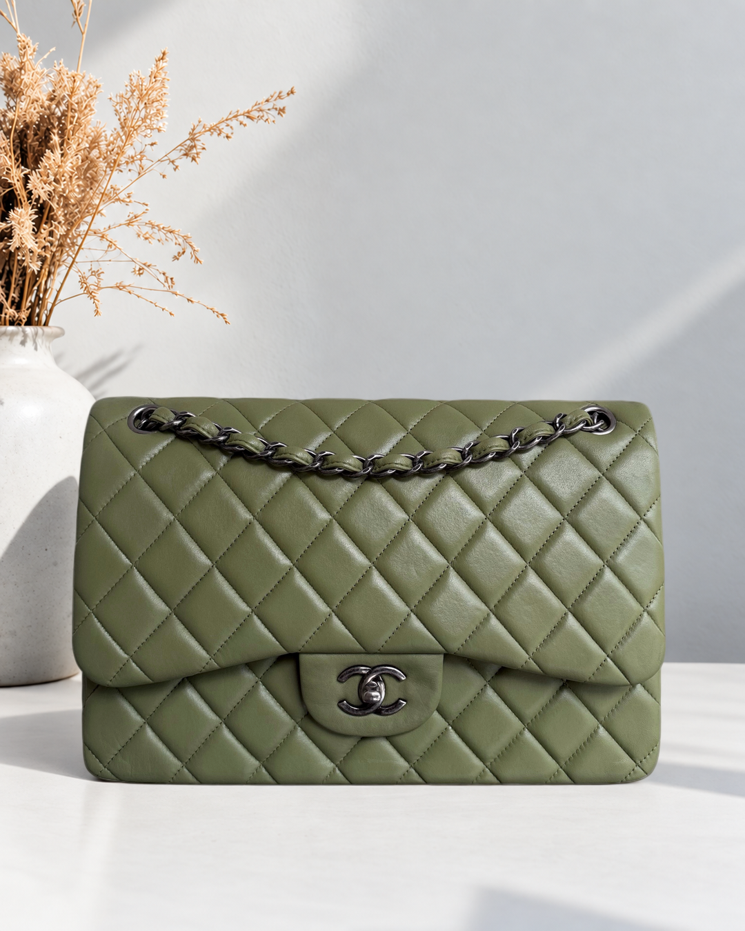 Chanel Classic Flap Jumbo - Double Flap 30CM Quilted Lambskin Olive Green Ruthennium Silver Hardware Series 20