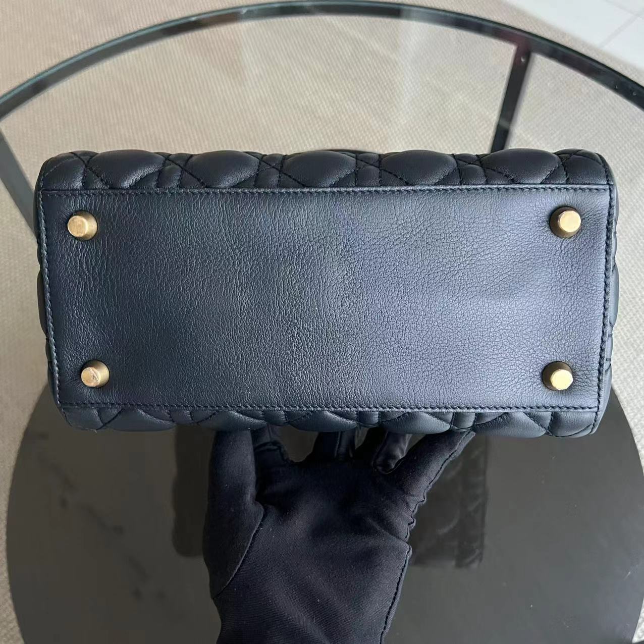 *Calfskin, Flap, With Strap* Dior Lady Medium - Calfskin Cannage Calfskin Dark Blue Golden Hardware