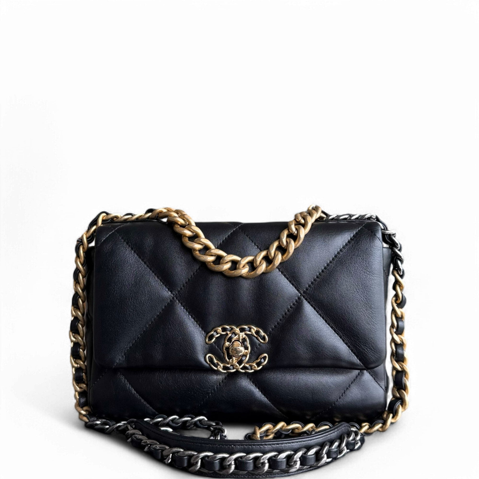 Chanel 19 Bag C19 Small - Quilted Shiny Goatskin Black Two-tone Gold Silver Hardware