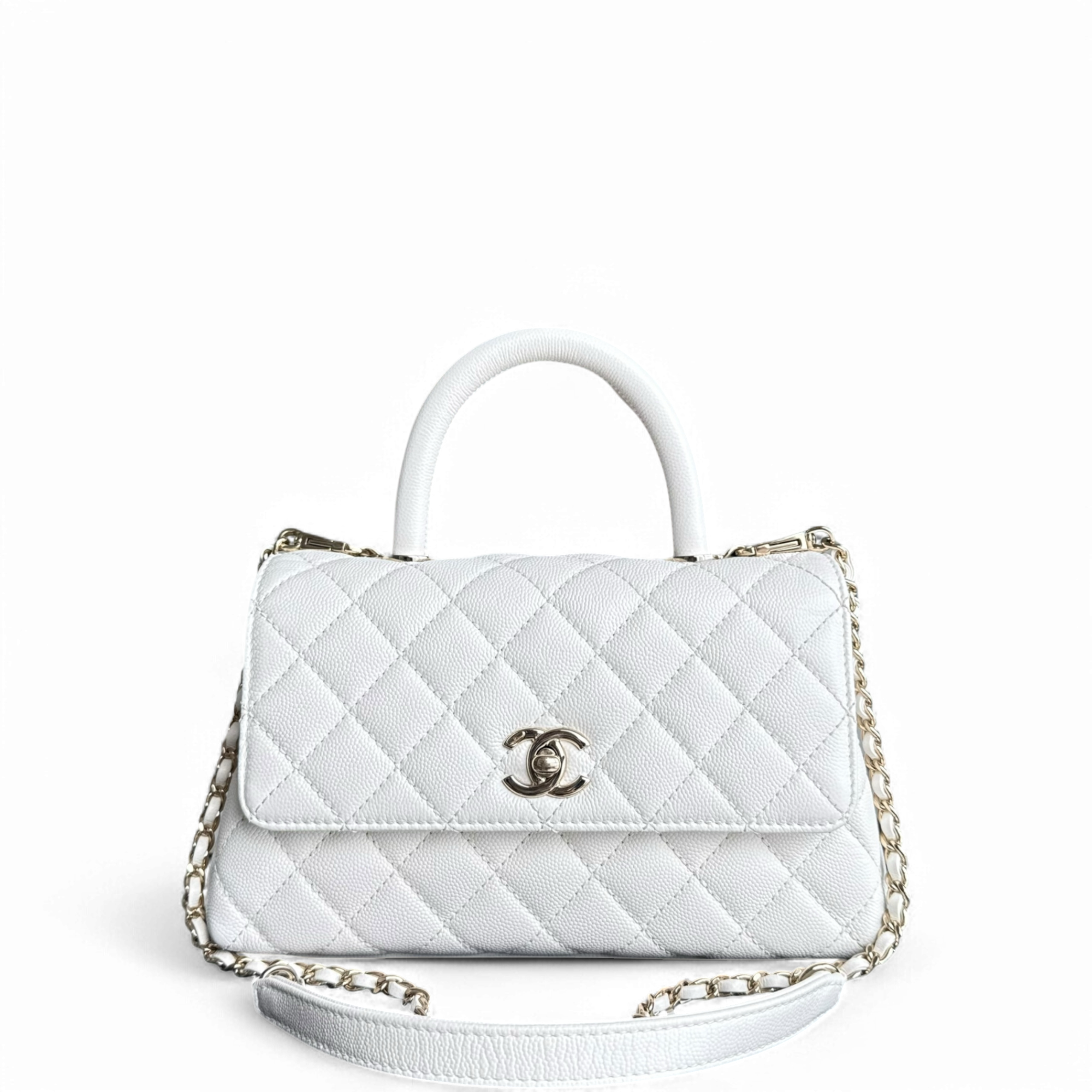 Chanel Coco Handle Small - Caviar Quilted Snow White Gold Hardware Microchip