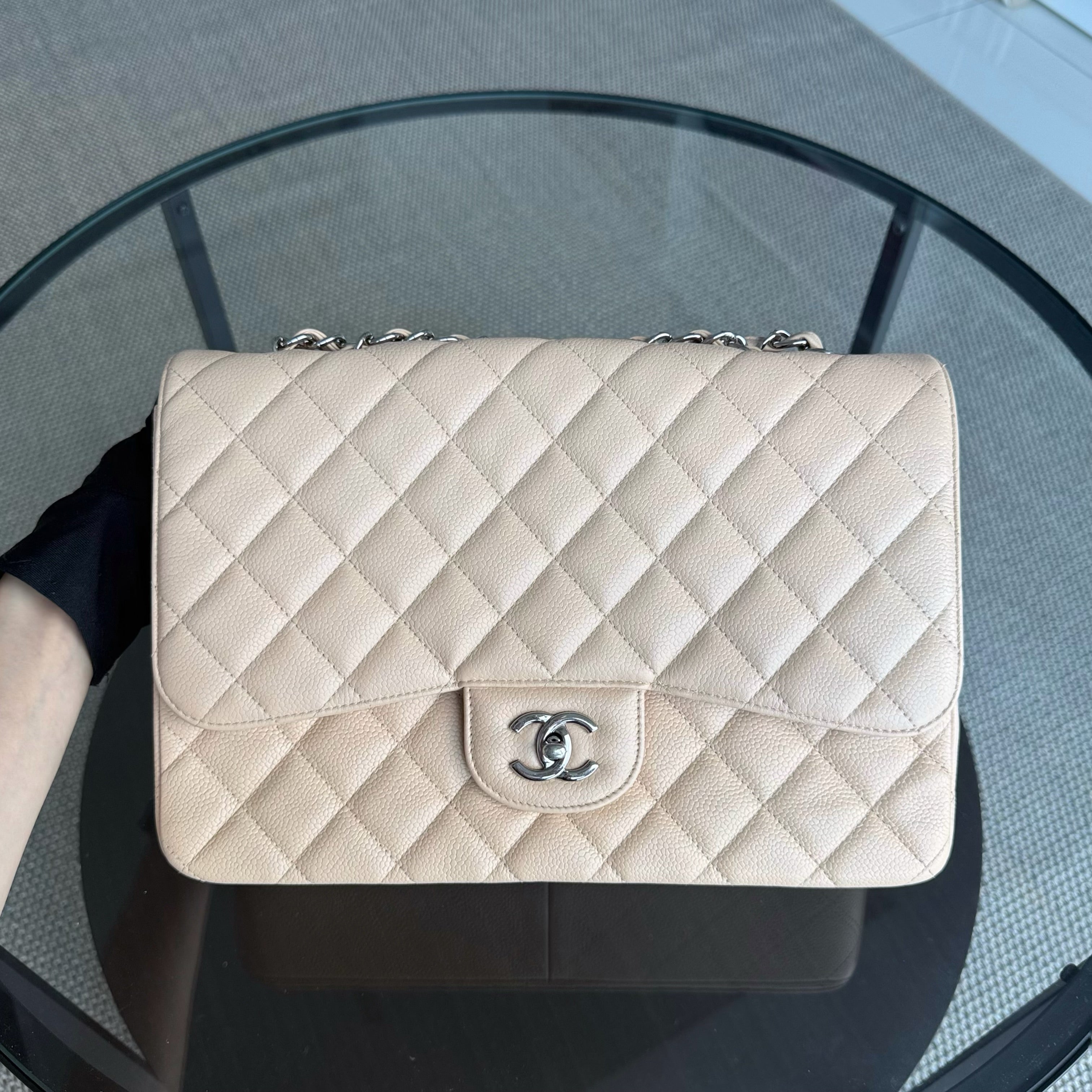Chanel Classic Flap Jumbo - Caviar 30CM Single Flap Quilted Beige Silver Hardware Series 13