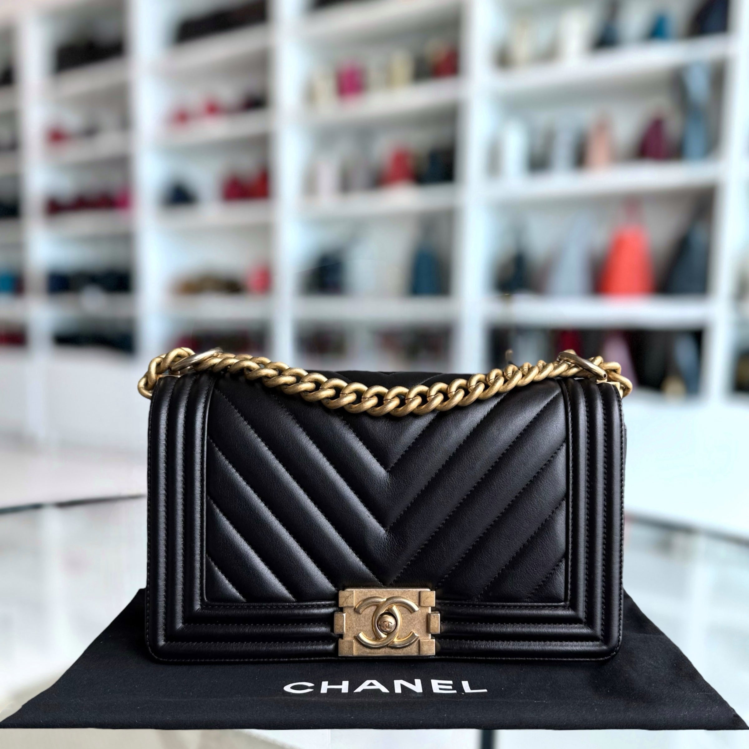 Chanel Boy Medium - 25CM Chevron Calfskin Black Aged Gold Hardware Series 25