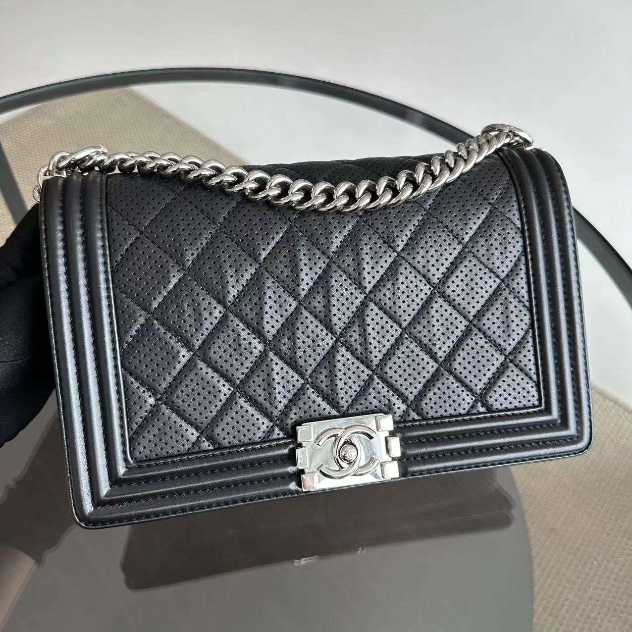 Chanel Boy New Medium 28CM Quilted Lambskin Perforated Black Silver Hardware Series 19