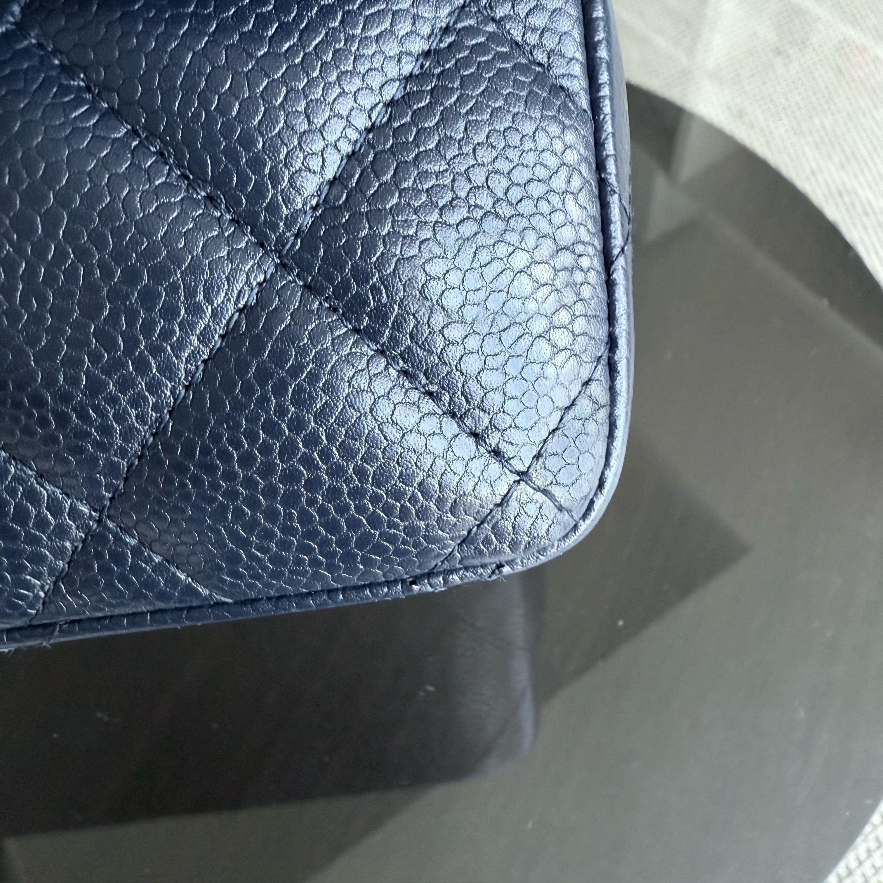 Chanel Classic Flap Jumbo - Caviar Double Flap 30CM Quilted Grained Calfskin Dark Navy Blue Silver Hardware Series 19