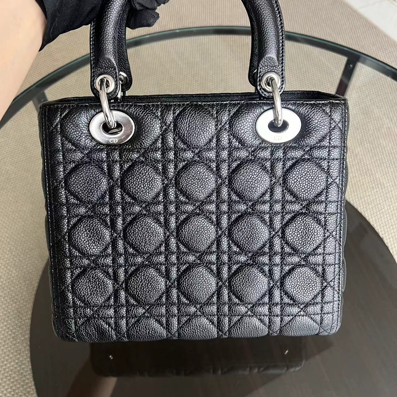 *Rare Caviar* Dior Lady Medium Grained Calfskin Black Silver Hardware