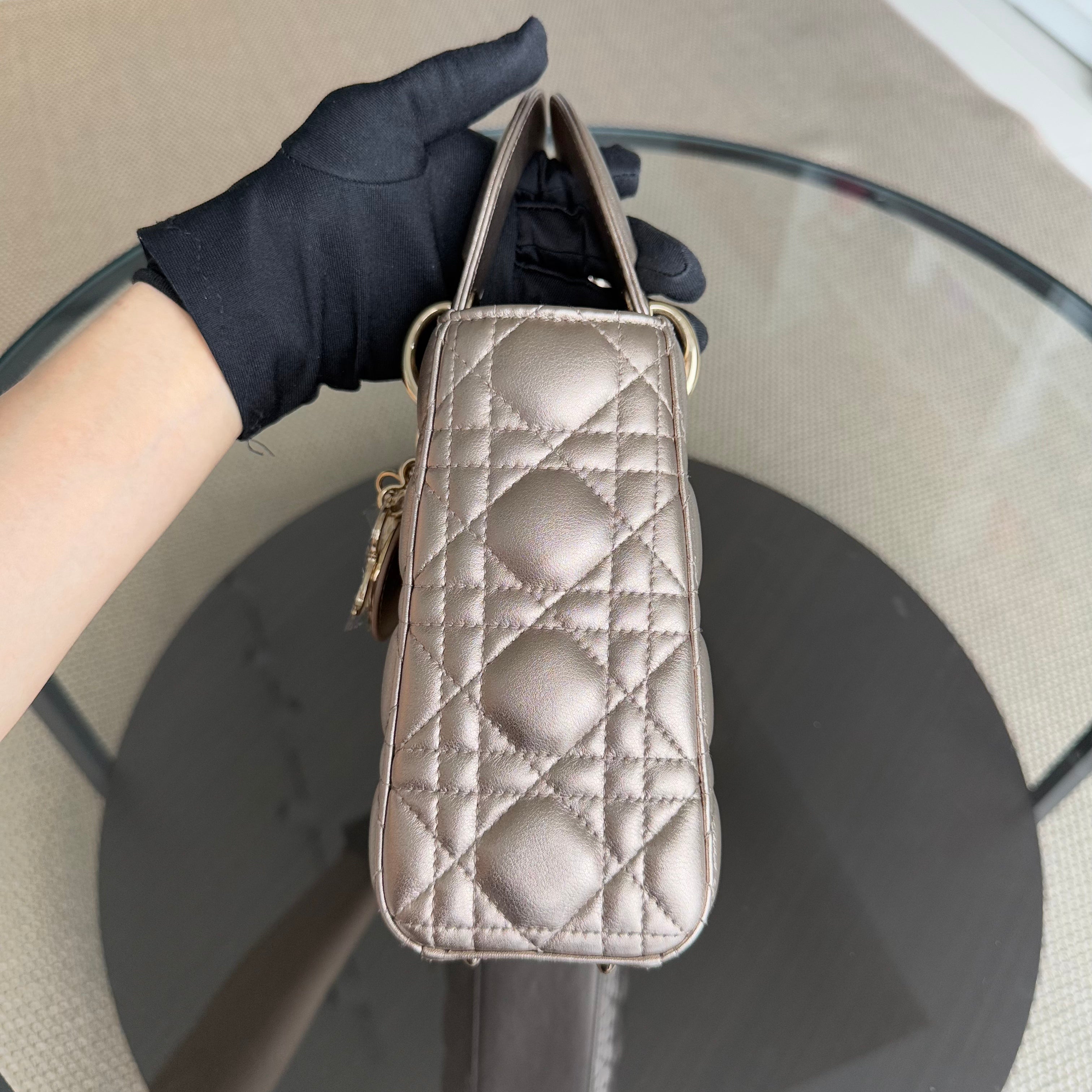 Dior Lady Small - 20CM Flap Cannage Lambskin Iridescent Metallic Rose Gold ABC Strap