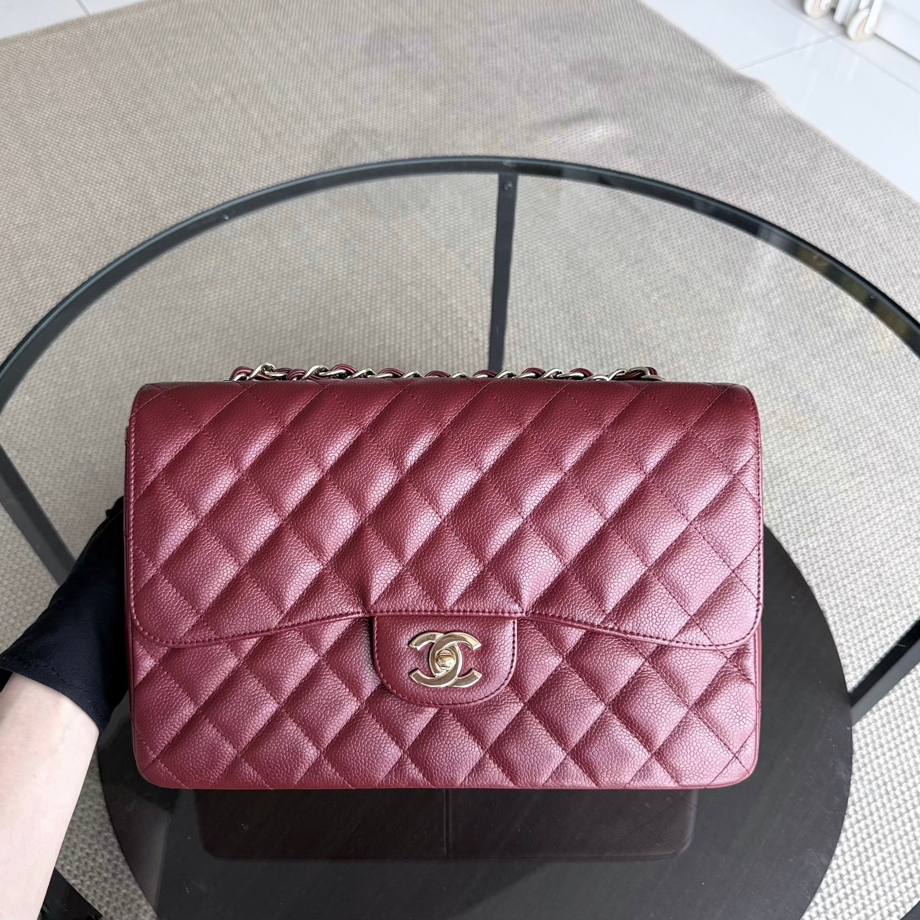 Chanel Classic Flap Jumbo - Caviar 30CM Single Flap Quilted Burgundy Dark Red Gold Hardware Series 13