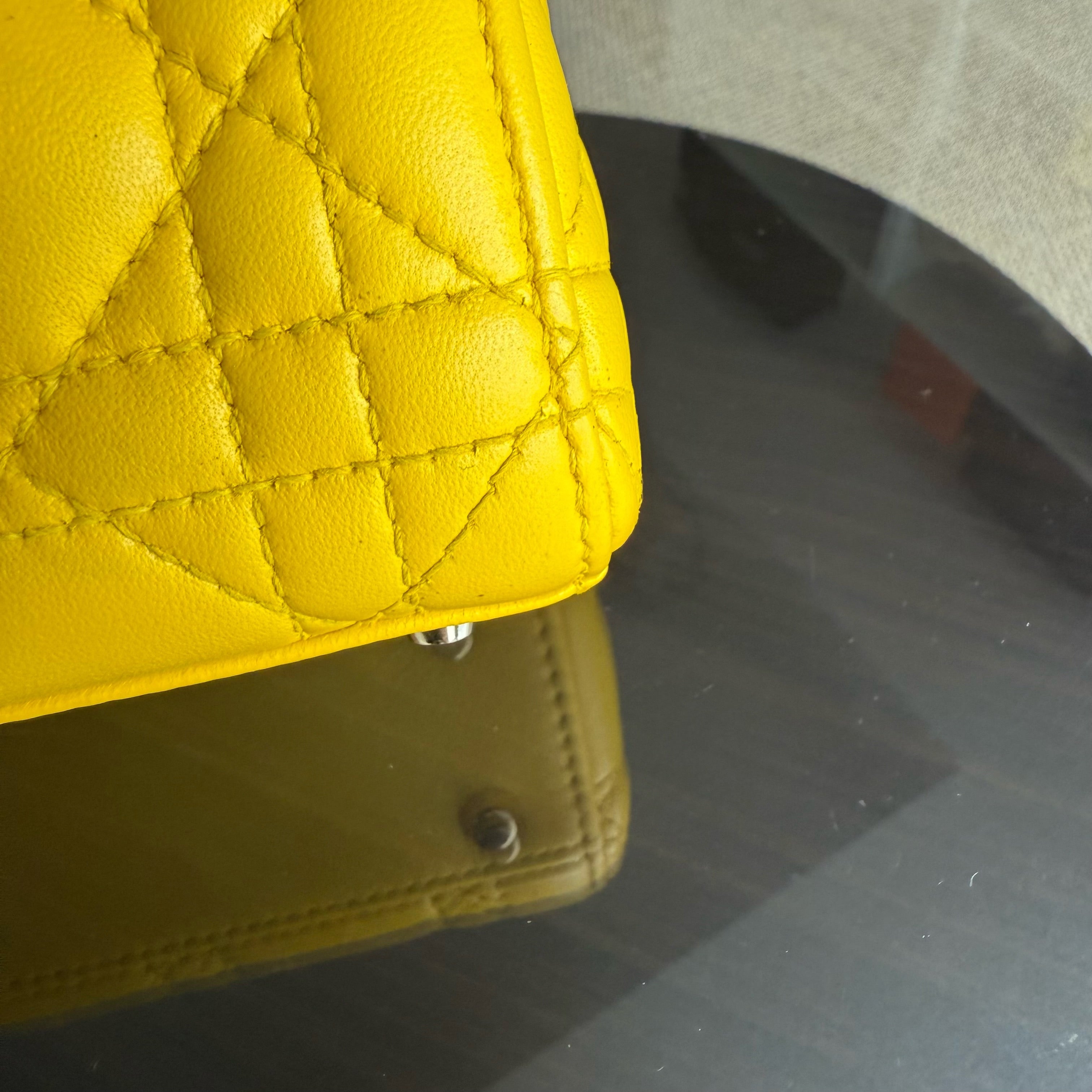 Dior Lady Mini - Cannage Lambskin Yellow Silver Hardware Adjustable Strap