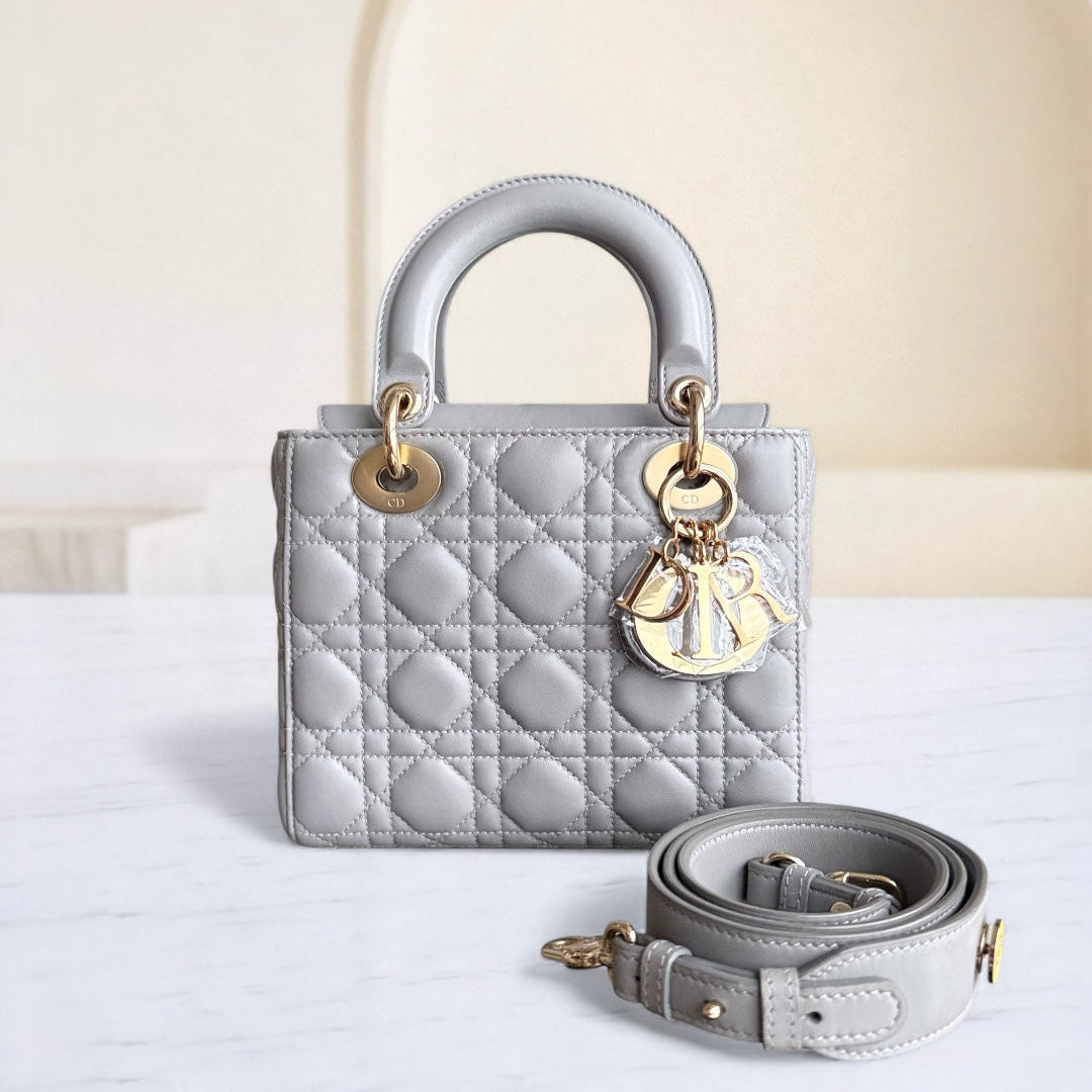 Dior Lady Small - Cannage Lambskin Light Grey Gray Gold Hardware