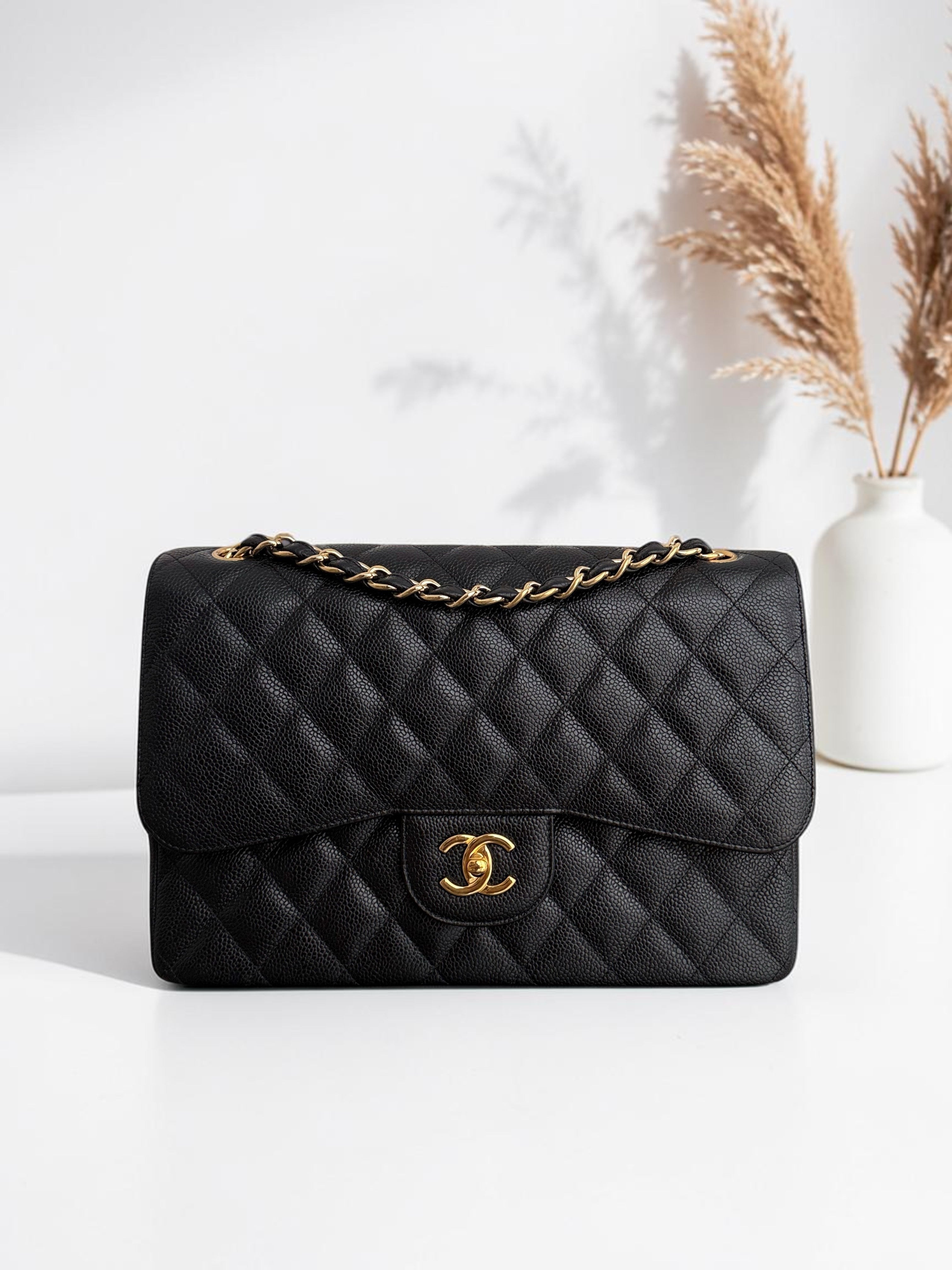 Chanel Classic Flap Jumbo - Caviar 30CM Double Flap Quilted Grained Calfskin Black Gold Hardware Series 19