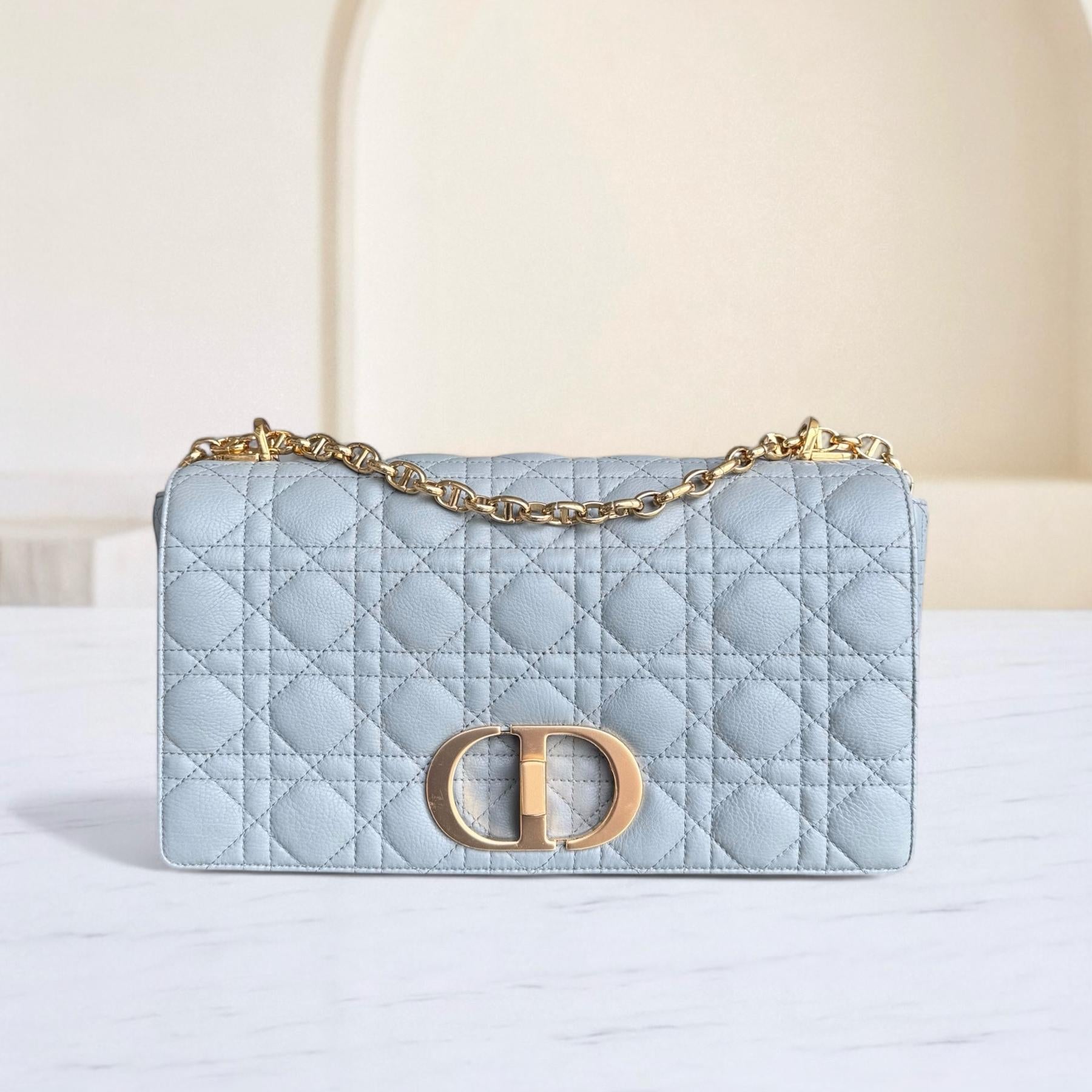 Dior Caro Large - Cannage Calfskin Grey Gray Gold Hardware