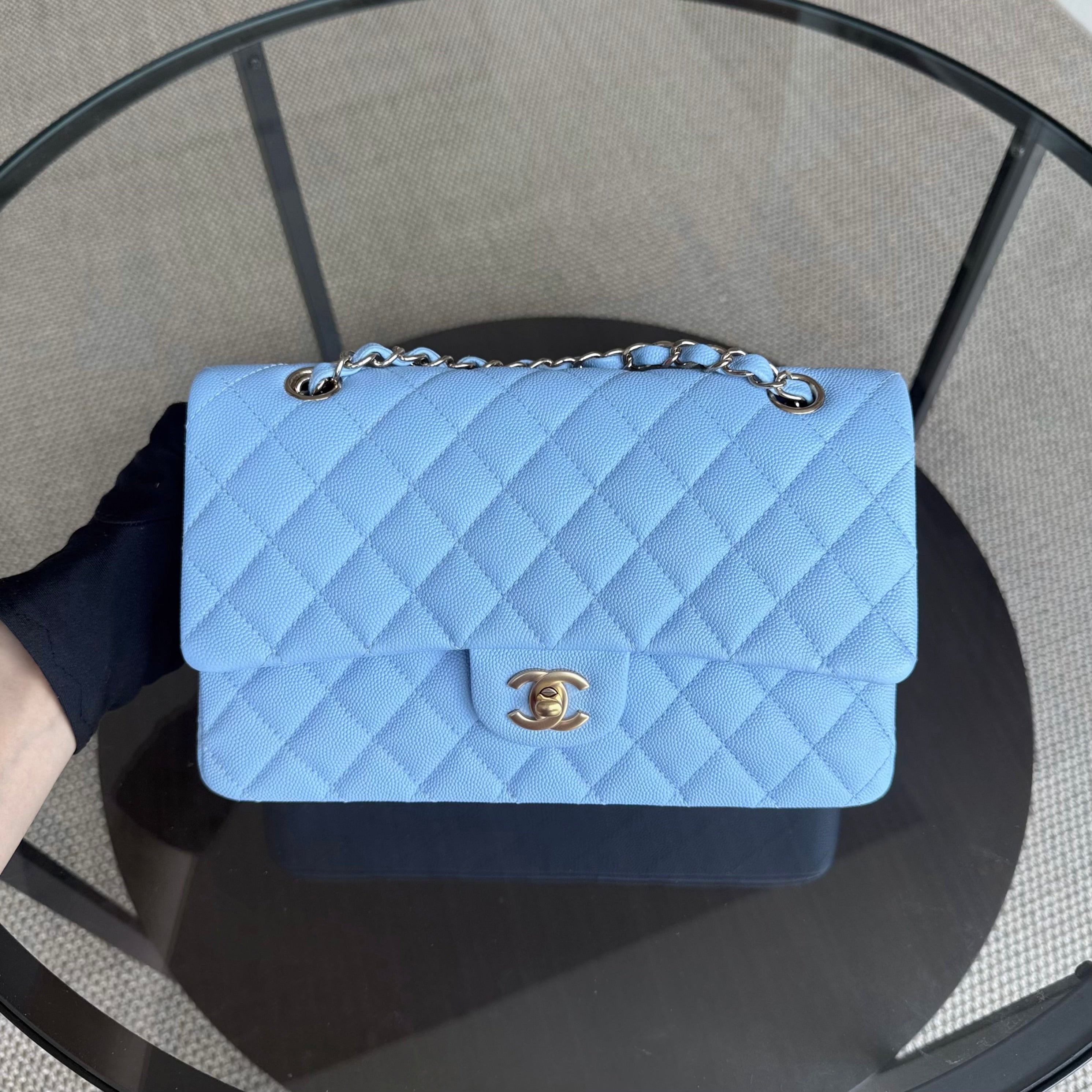 Chanel Classic Flap Medium - Caviar 25CM Quilted Light Blue Gold Hardware Microchip