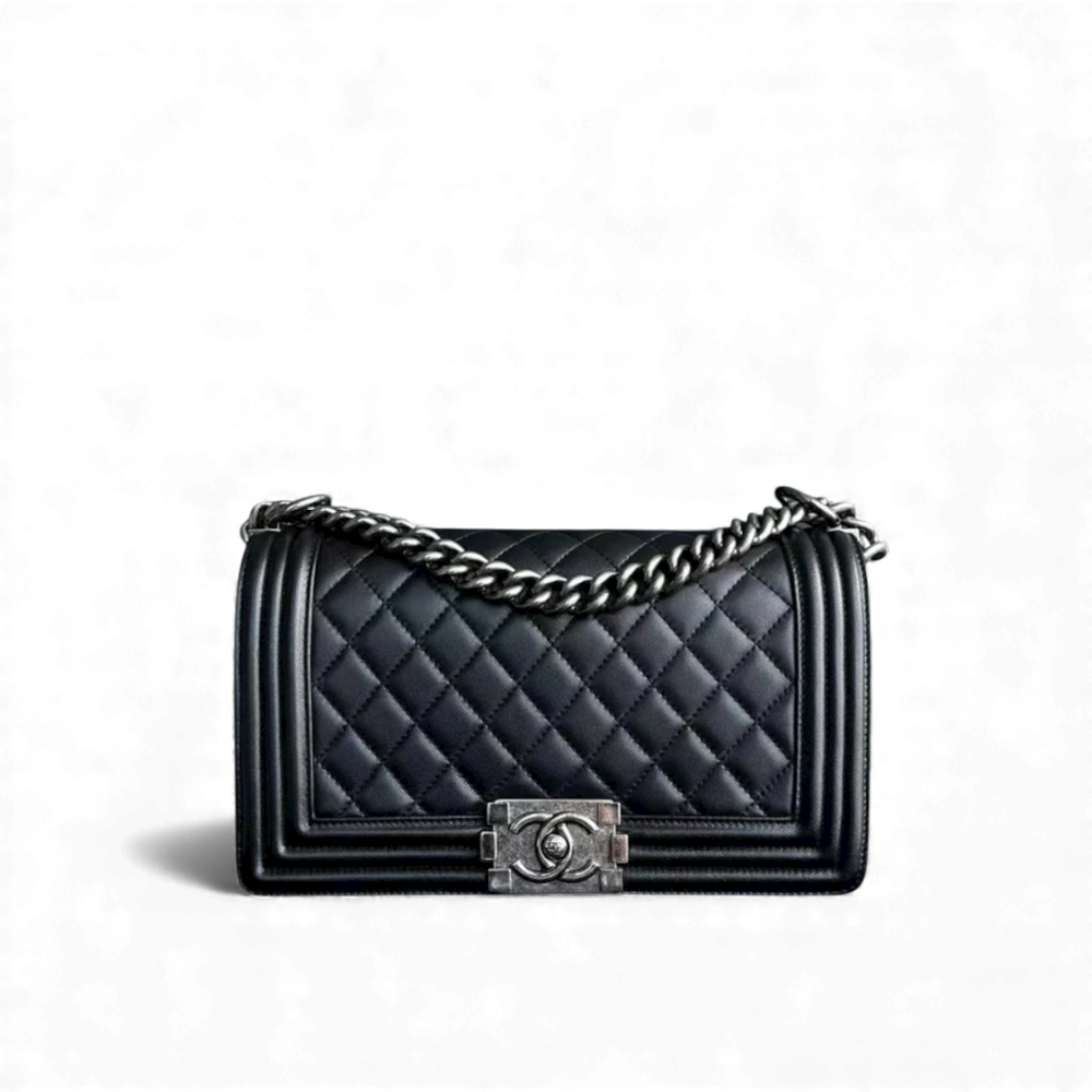 Chanel Boy Old Medium 25CM Quilted Lambskin Black Leboy Ruthenium Silver Hardware
