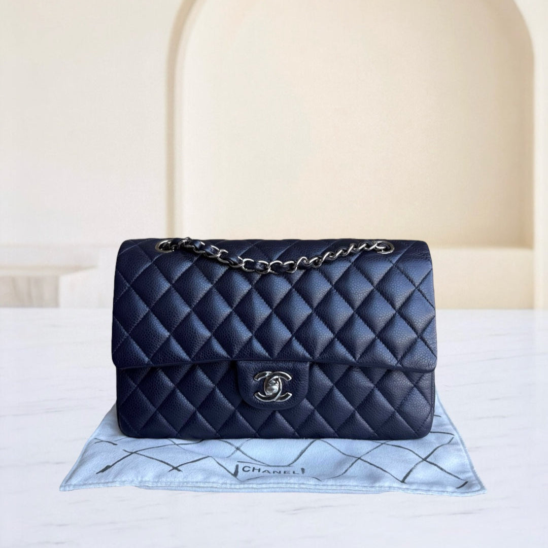 Chanel Classic Flap Medium - Caviar 25CM Quilted Grained Calfskin Midnight Blue Silver Hardware Series 18