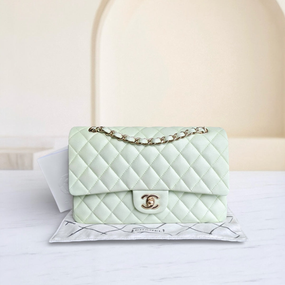 Chanel Classic Flap Medium - Caviar 25CM Quilted Grained Calfskin Light Mint Green Gold Hardware Microchip