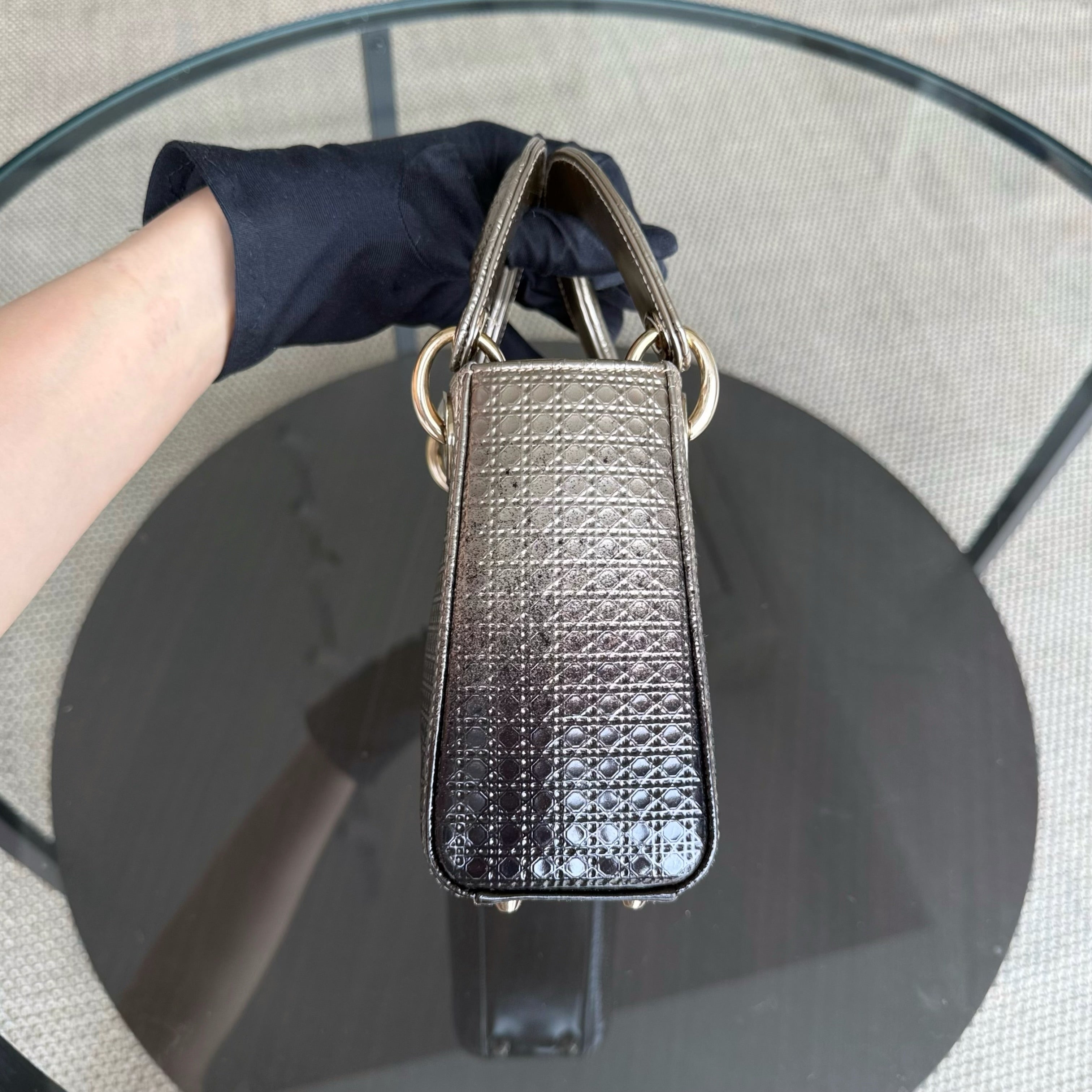 Dior Lady Mini - Calfskin Micro-Cannage Metallic Gold Gold Hardware Adjustable Strap