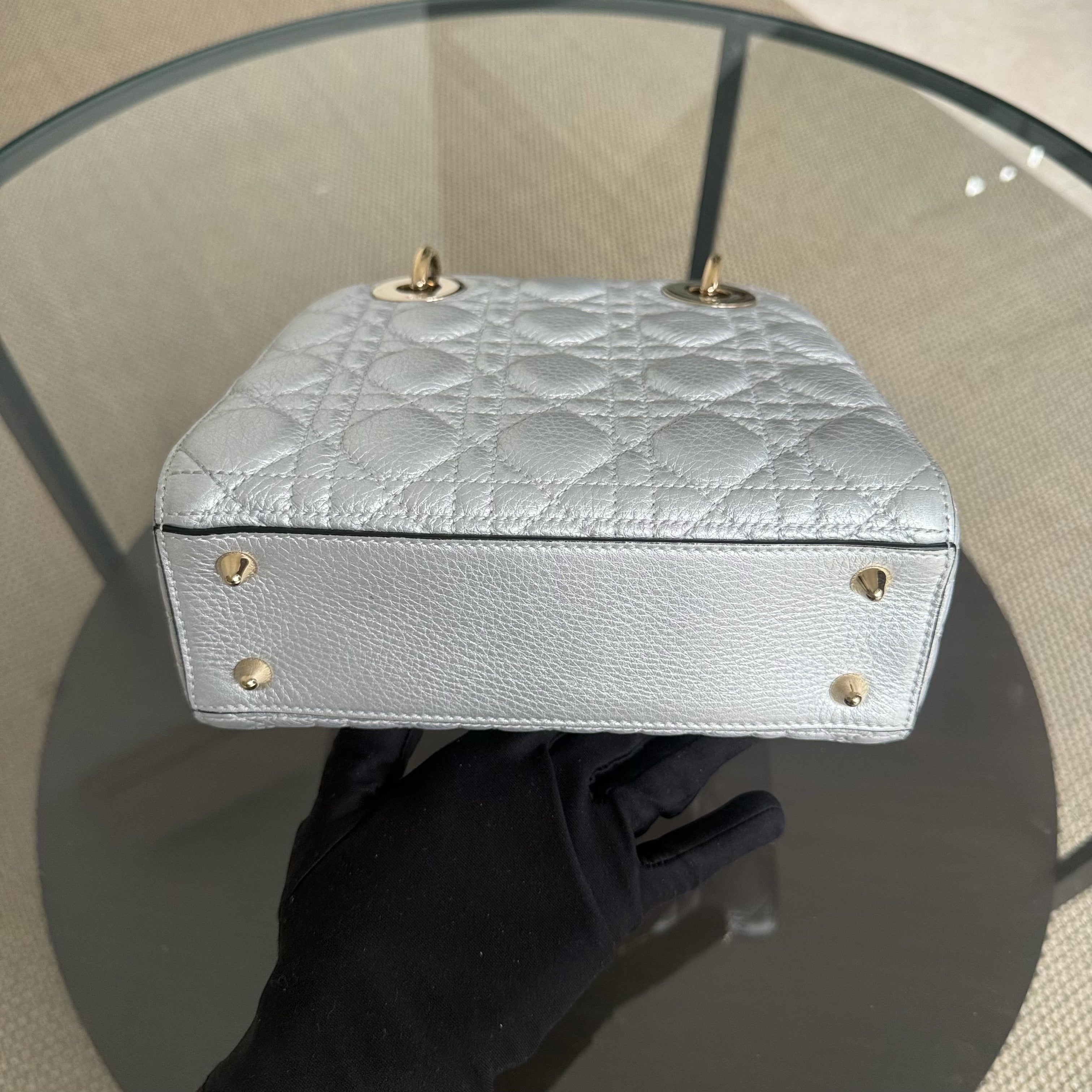 Dior Lady Small - Cannage Gray Calfskin Gold Hardware