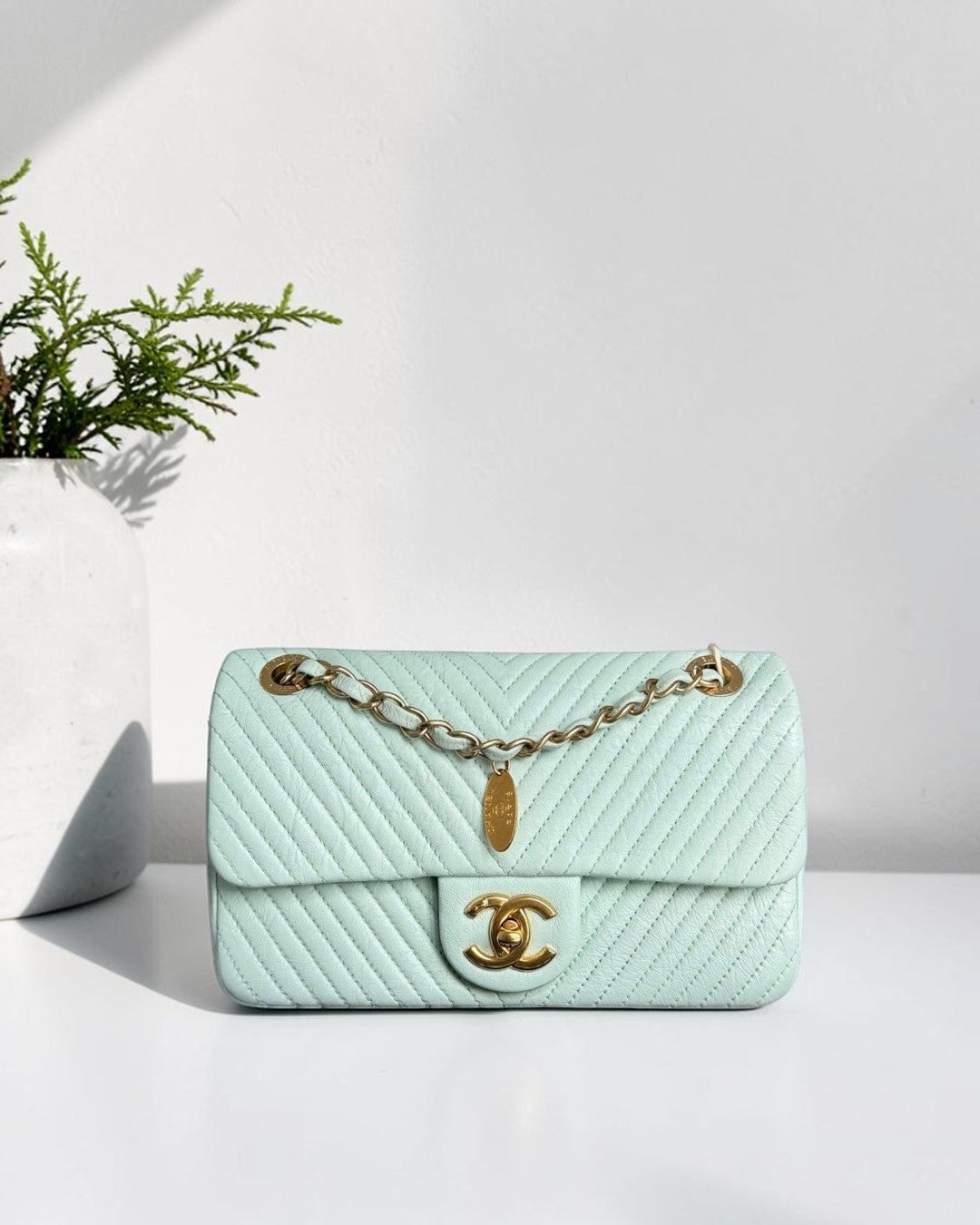 Chanel Seasonal Flap Small - 23CM Surpique CC Herringbone Medallion Flap Chevron Mint Green Gold Hardware Series 20