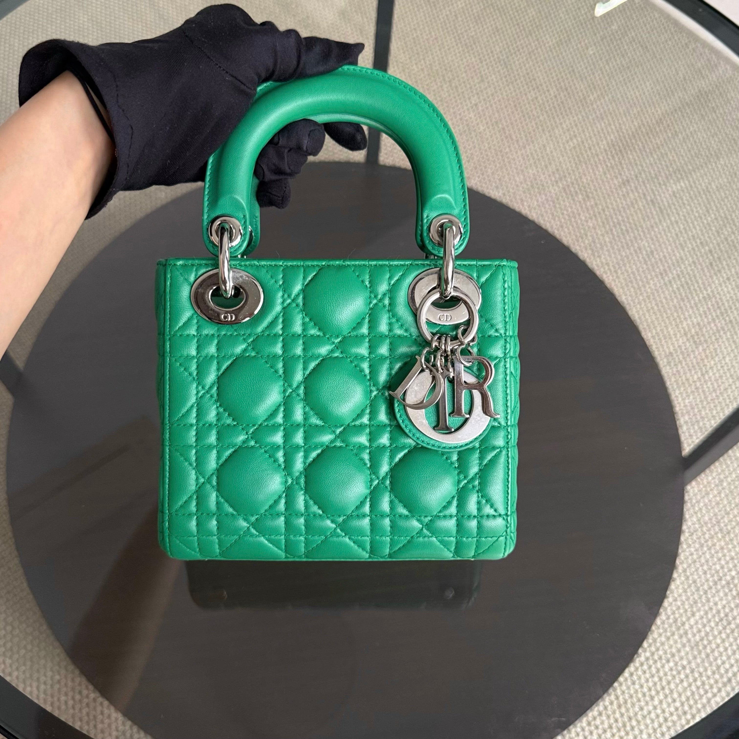 Dior Lady Mini - Cannage Lambskin Emerald Green Silver Hardware Adjustable Strap