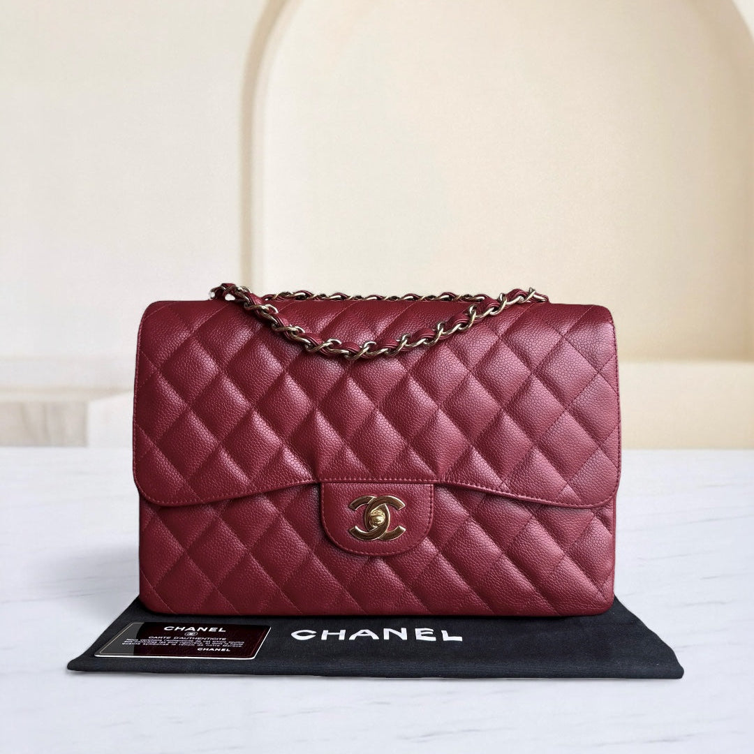 Chanel Classic Flap Jumbo - Caviar 30CM Single Flap Quilted Burgundy Dark Red Gold Hardware Series 13