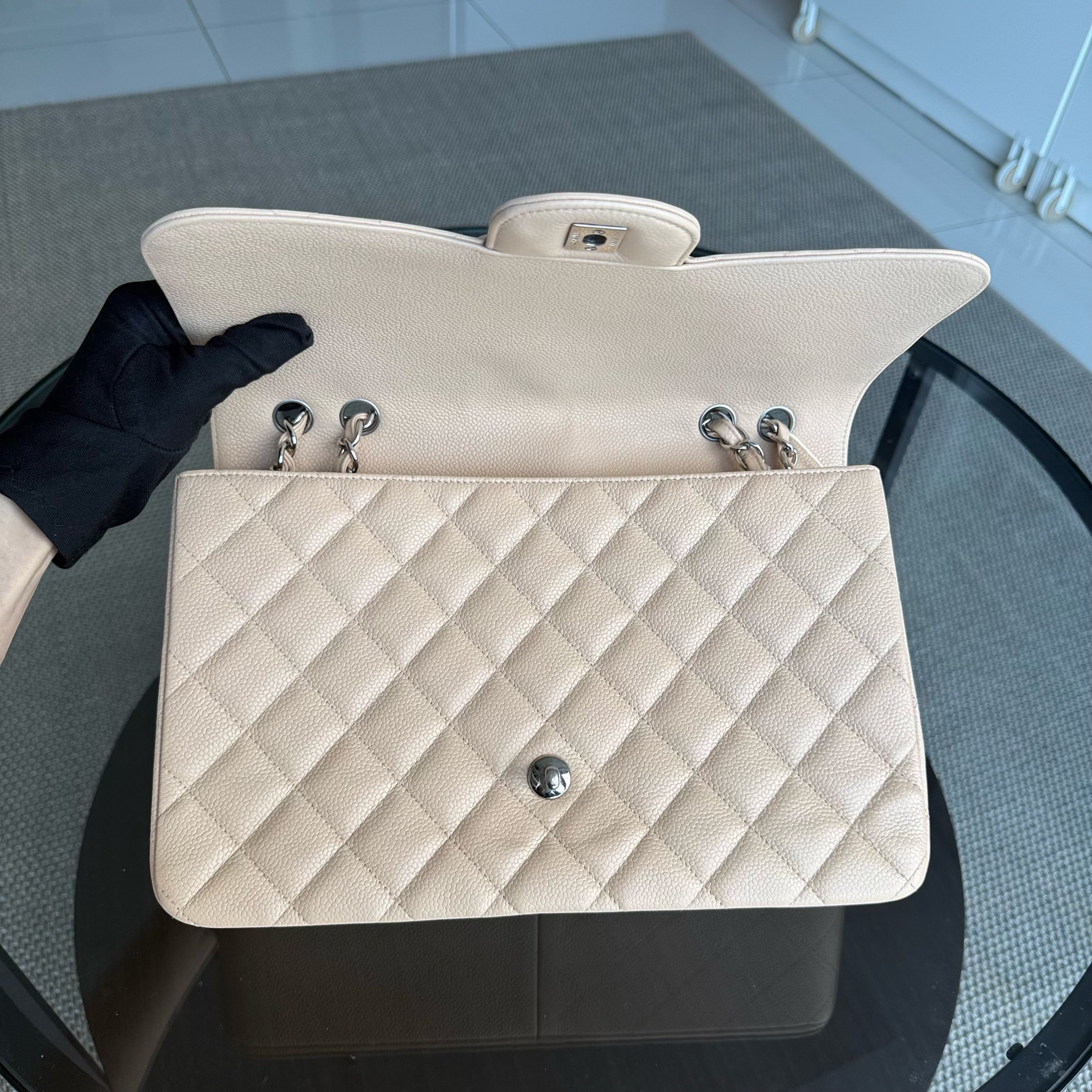 Chanel Classic Flap Jumbo - Caviar 30CM Single Flap Quilted Beige Silver Hardware Series 13
