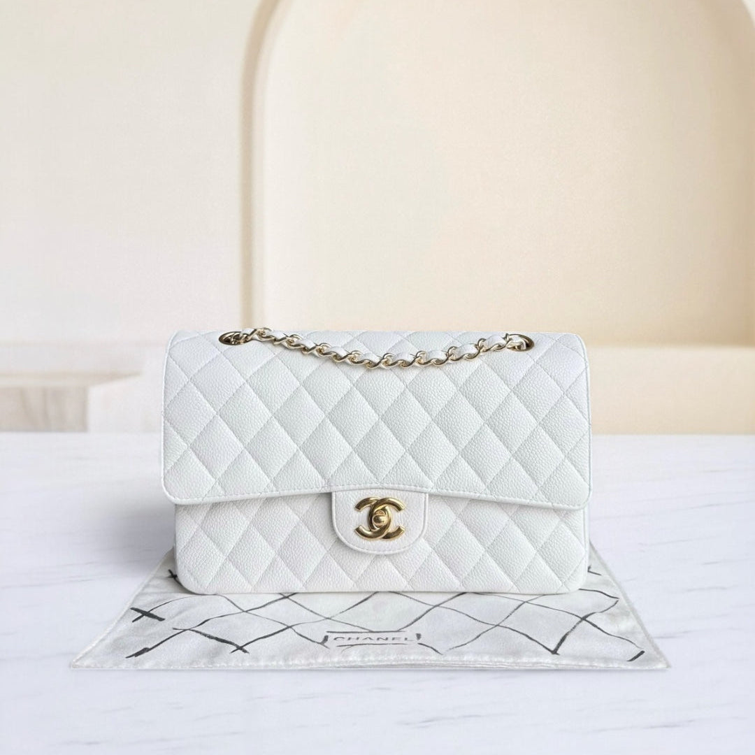 Chanel Classic Flap Medium - Caviar 25CM Quilted Snow White Gold Hardware Series 14