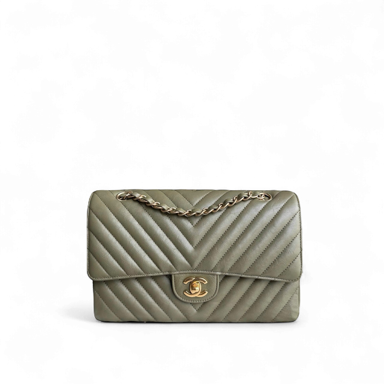 Chanel Classic Flap Medium - 25CM Chevron Grained Calfskin Olive Green Gold Hardware Series 23