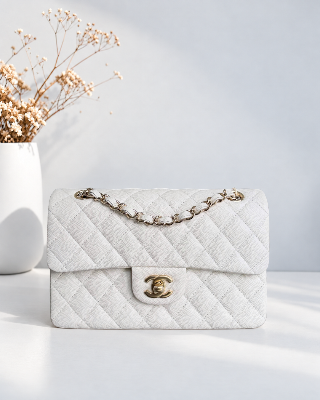 Chanel Classic Flap Small - Caviar 23CM Quilted White Gold Hardware Series 28
