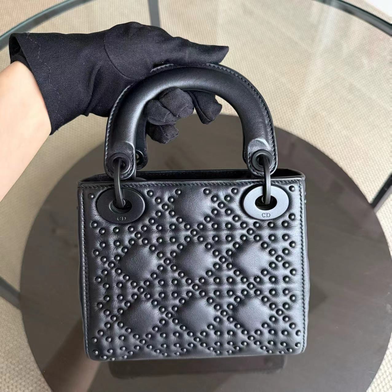 Dior Lady Mini - Cannage Studded All Black Shoulder Bag